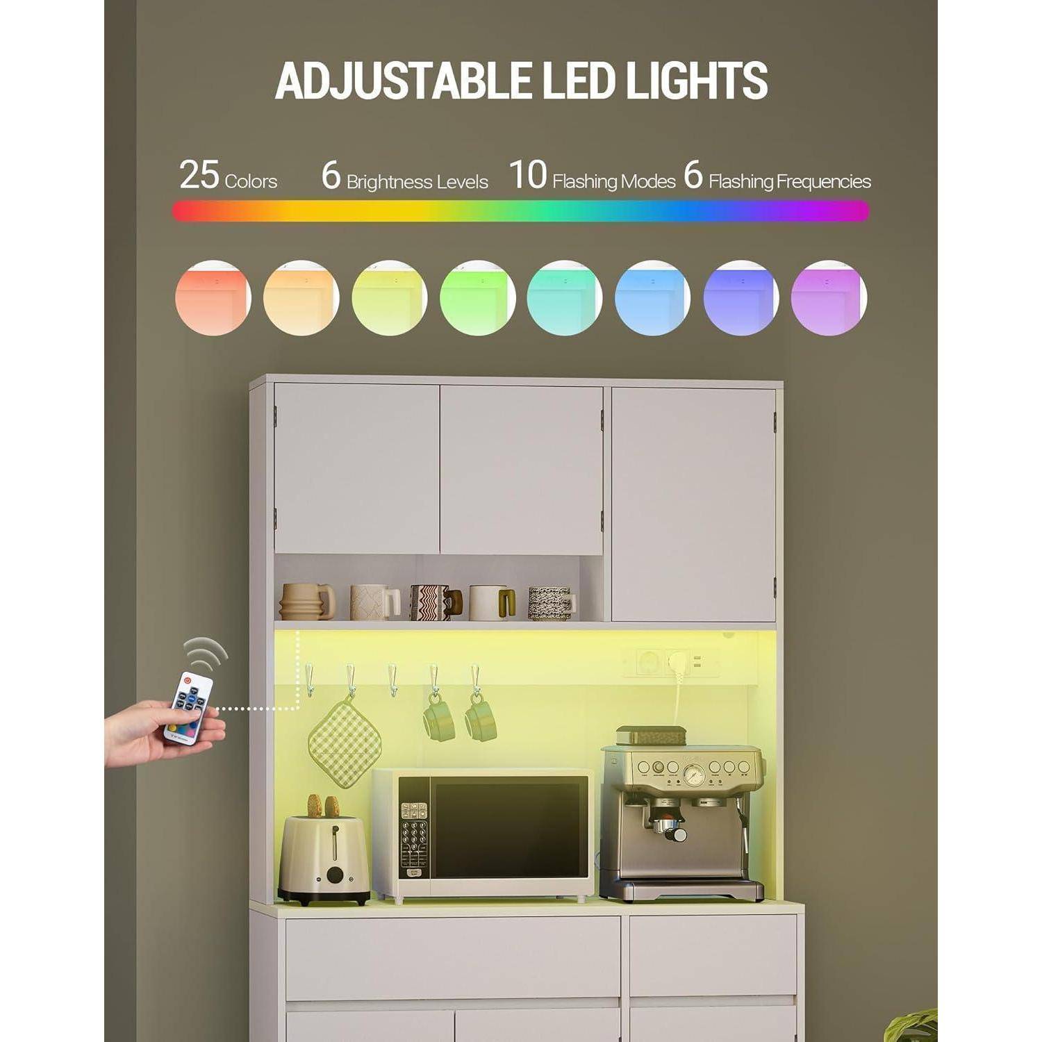 Werbebilder für Küchenschrankbeleuchtung mit dem Text 'VERSTELLBARE LED-LEUCHTEN', die 25 Farben, 6 Helligkeitsstufen, 10 Blitzmodi und 6 Blitzfrequenzen zeigt, plus eine Fernbedienung, die unter-Schrank-LEDs steuert.