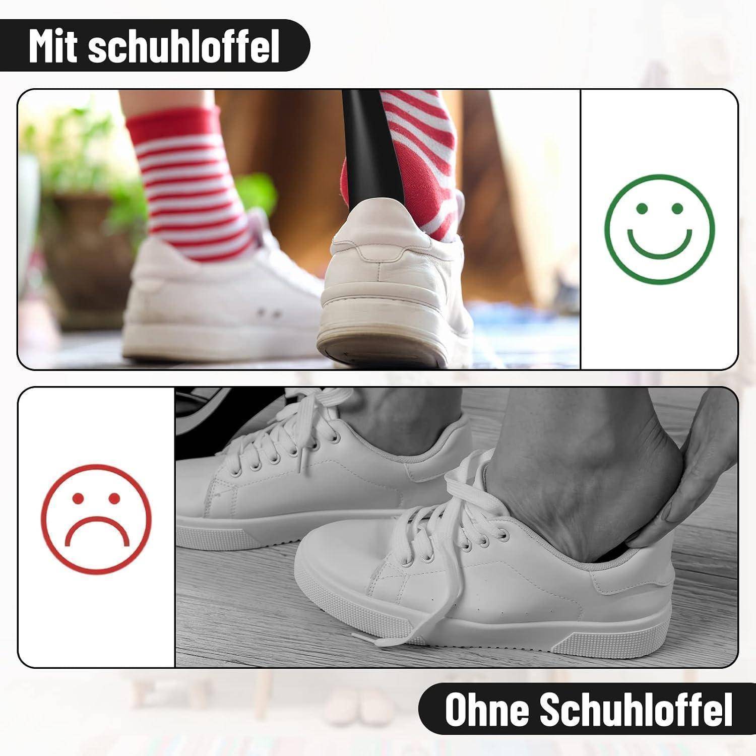 Vergleichsgrafik, die Schuhe mit einem Schuhlöffel versus ohne anziehen zeigt; oberes Panel mit glücklichem Gesicht, unteres Panel mit traurigem Gesicht.