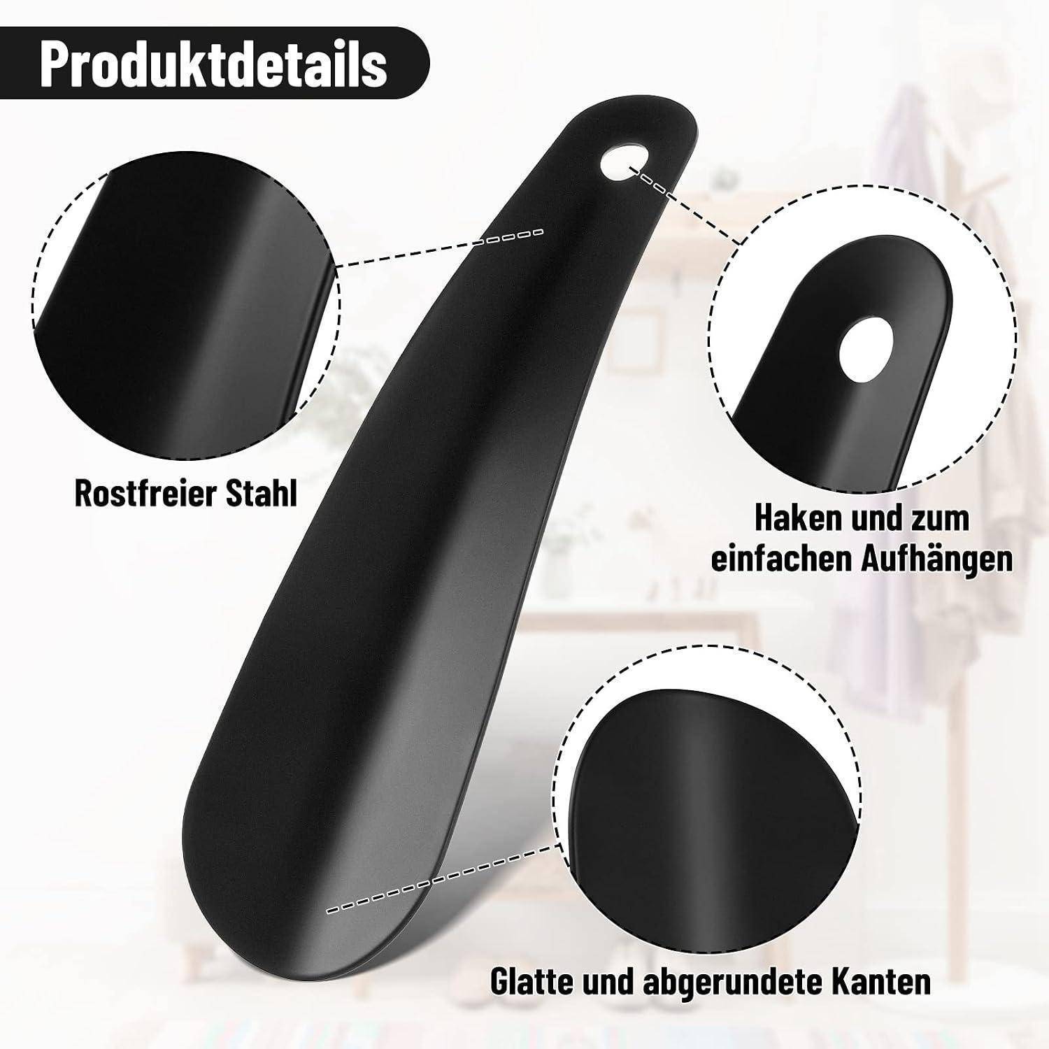 Produktdetails für einen schwarzen Edelstahlwandhaken mit Aufhängeloch und glatten, abgerundeten Kanten.