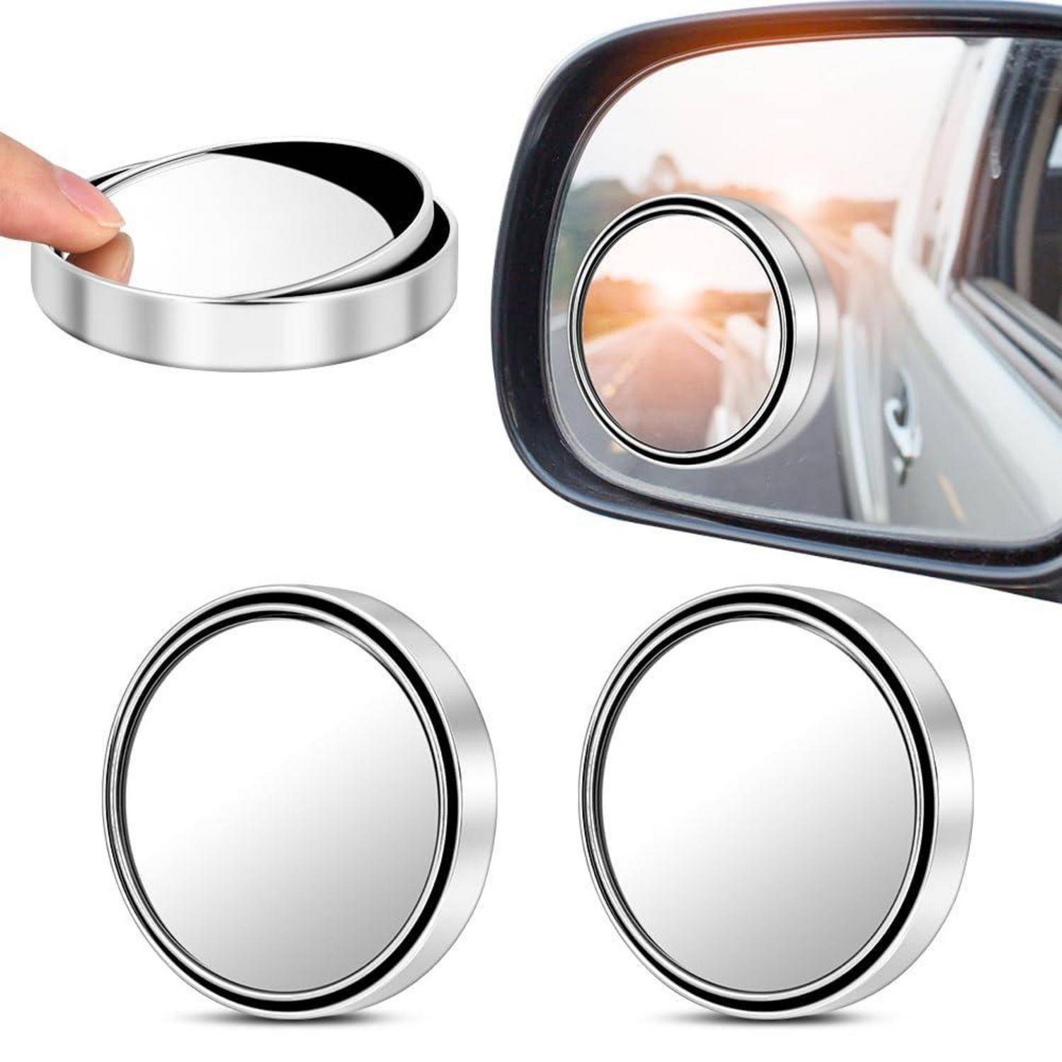 Silberne Blind-Spot-Mirror-Aufkleber, die abgezogen und an einem Auto-Außenspiegel angebracht werden, mit zwei runden Spiegeln unten angezeigt.