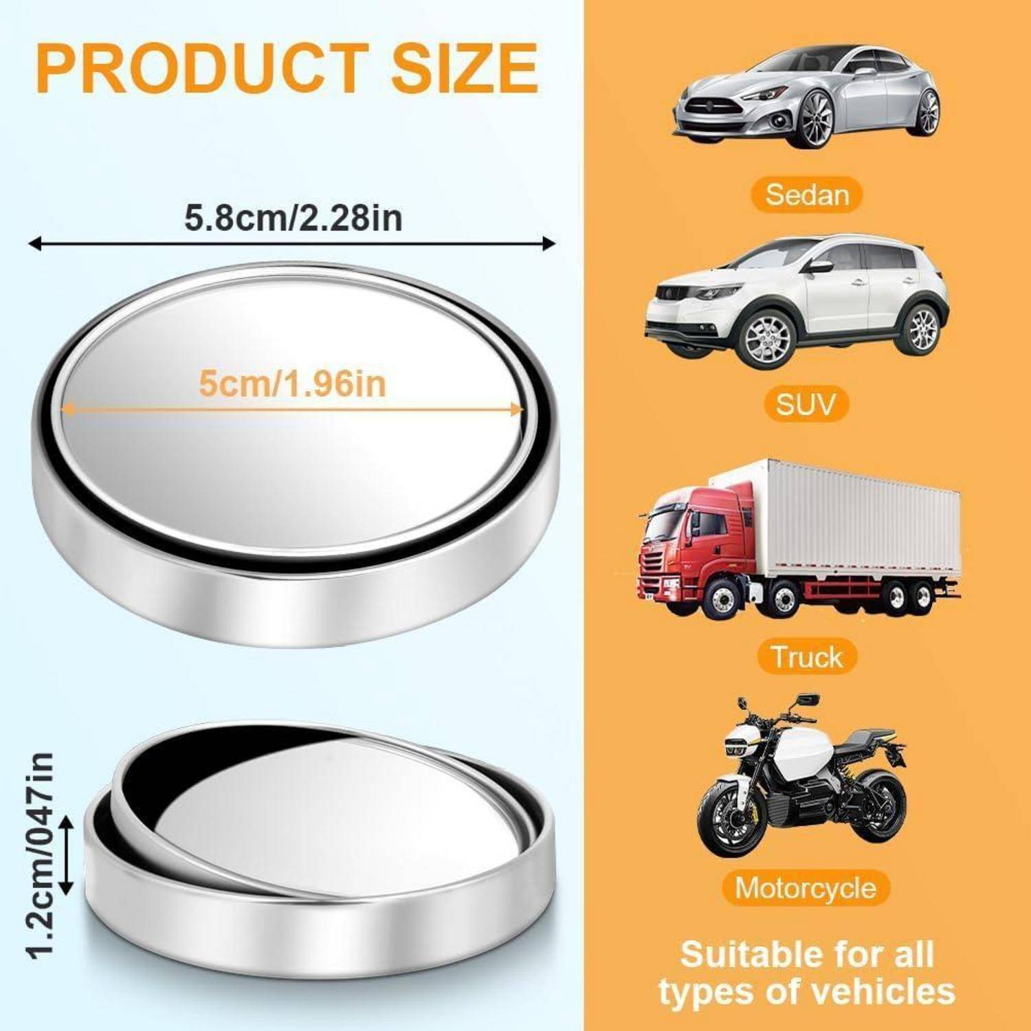 Größengrafik des Produkts zeigt eine silberne runde Radkappe mit 5,8 cm Außendurchmesser und 5 cm Innendurchmesser, 1,2 cm Höhe; geeignet für Limousinen, SUVs, Lastkraftwagen und Motorräder.