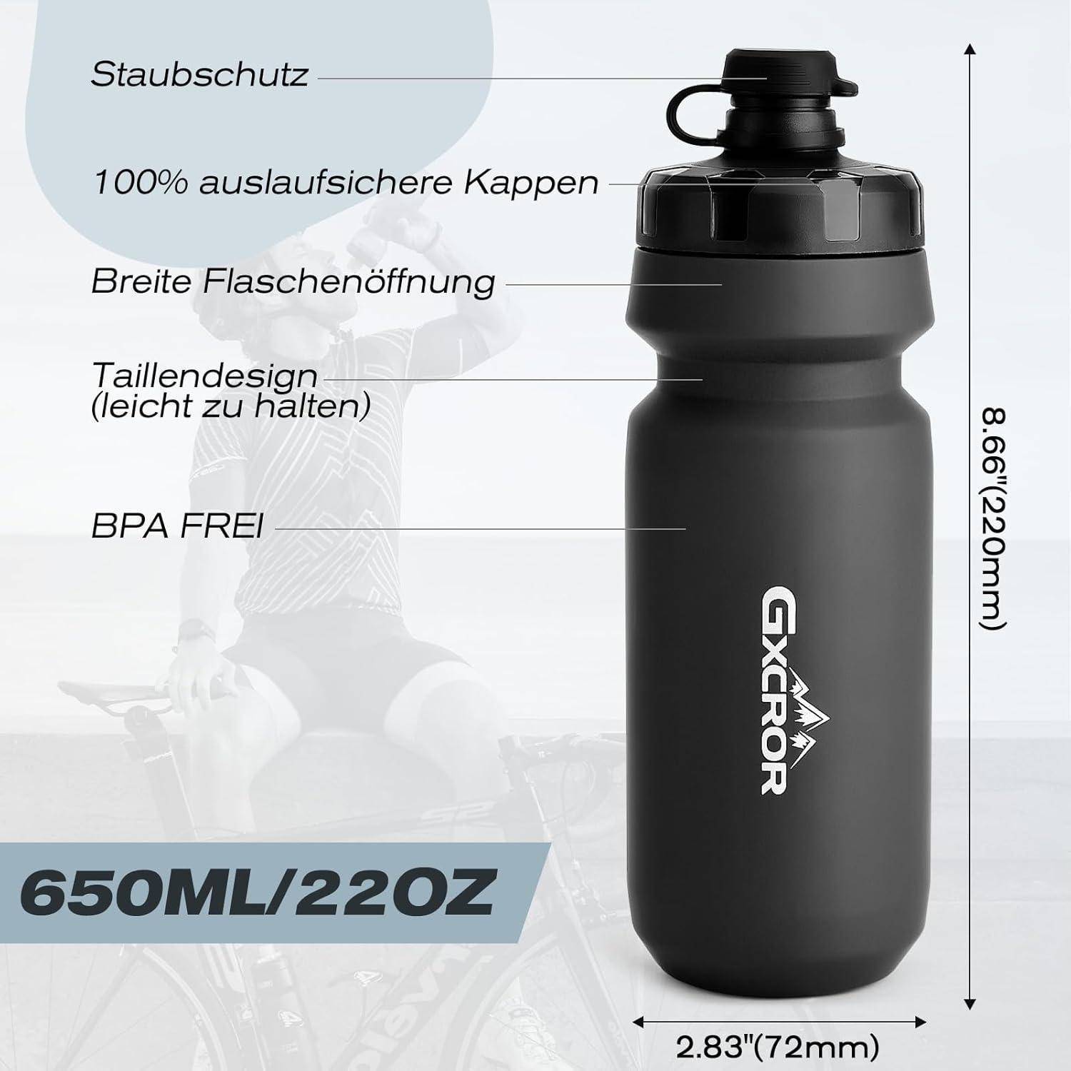 Schwarze GXCROR-Trinkflasche mit beschrifteten Funktionen: Staubkappe, auslaufsicherer Verschluss, breite Öffnung, ergonomisches Design, BPA-frei; 650 ml/22 oz, 8,66 Zoll hoch.