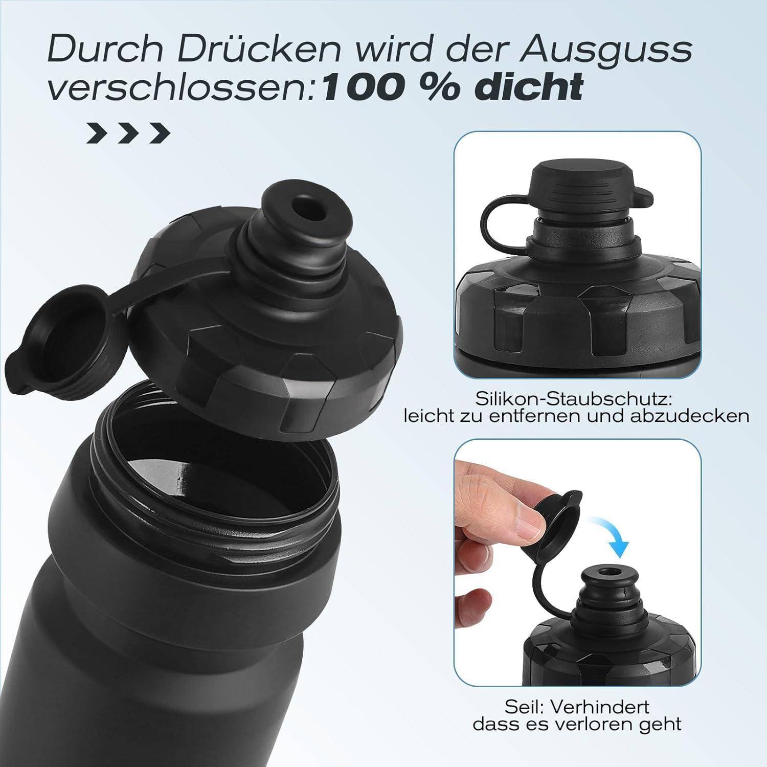 Produktbild einer schwarzen Verschlusskappe mit Flip-Top-Auslauf und Silikon-Schutzkappe, gezeigt offen und geschlossen; deutscher Text besagt, dass der Auslauf 100% dicht verschließt und eine Schnur verhindert, dass sie verloren geht.
