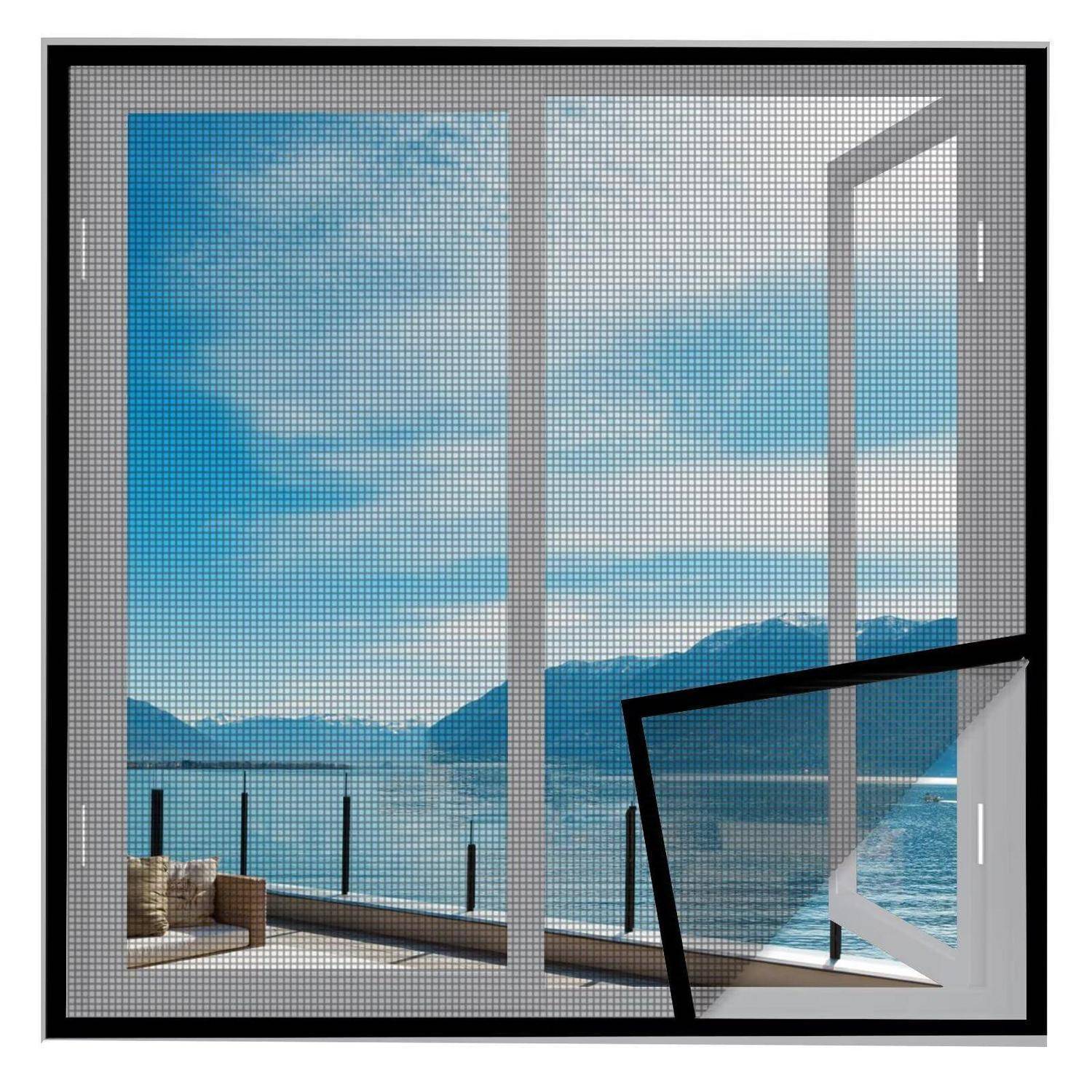 Moderner Fensterblick auf einen Balkon am See mit Bergen und blauem Himmel, dargestellt, als würde man durch ein gerahmtes Gitter oder eine Glaspaneel schauen.
