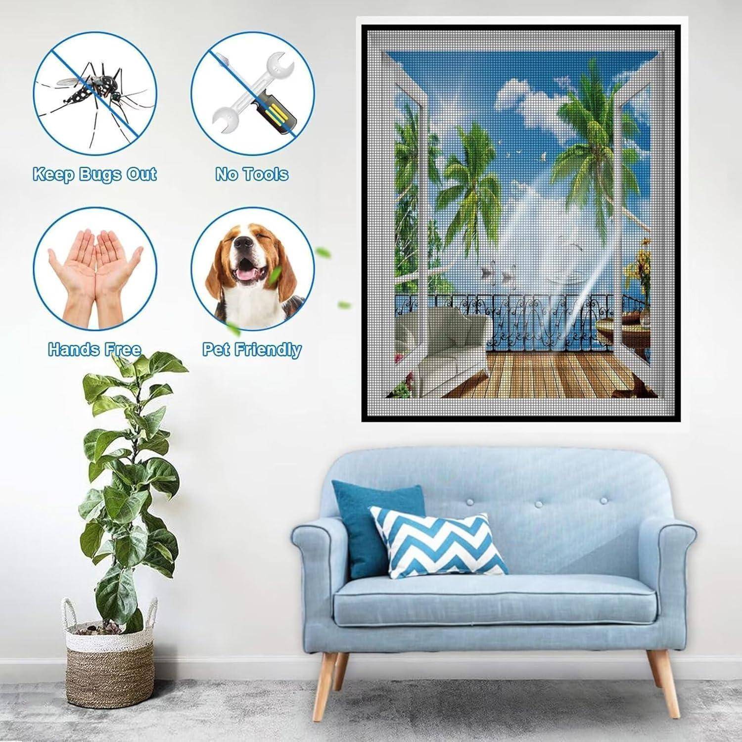 Werbung für Innentürgitter mit Blick auf einen tropischen Balkon; Symbole sagen „Insekten draußen halten", „Keine Werkzeuge erforderlich"", „Freisprechanlage"", „Haustierfreundlich"".