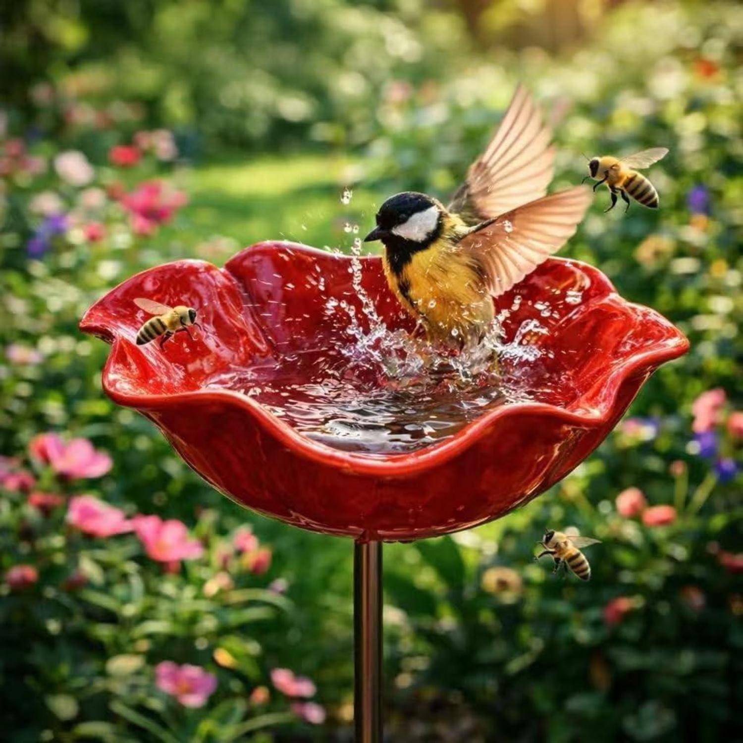 Ein kleiner Vogel planscht in einem roten blütenförmigen Vogelbad, während Bienen in der Nähe in einem farbenfrohen Garten umherschwirren.