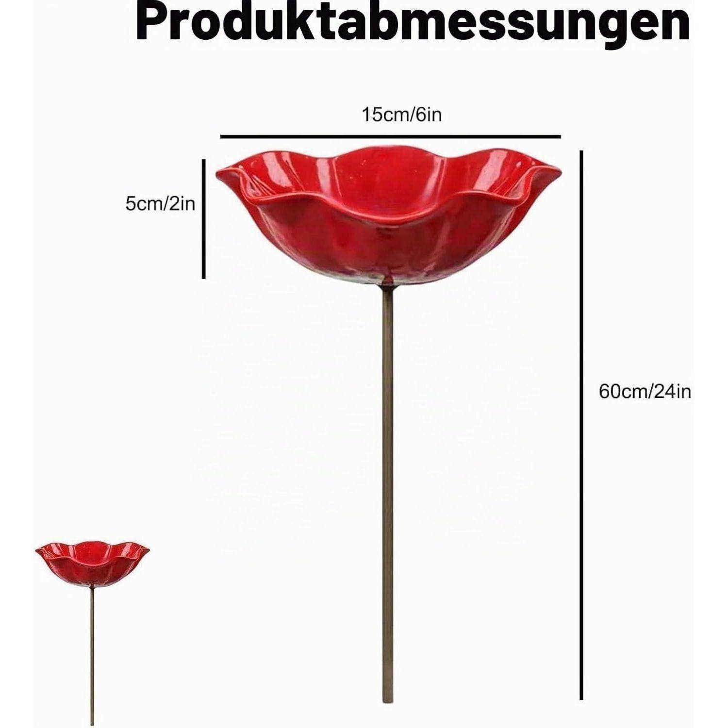Produktabmessungsdiagramm für einen roten blütenförmigen Stab: Schale 15 cm breit, 5 cm tief, Gesamthöhe 60 cm, mit einer kleineren eingefügten Ansicht.