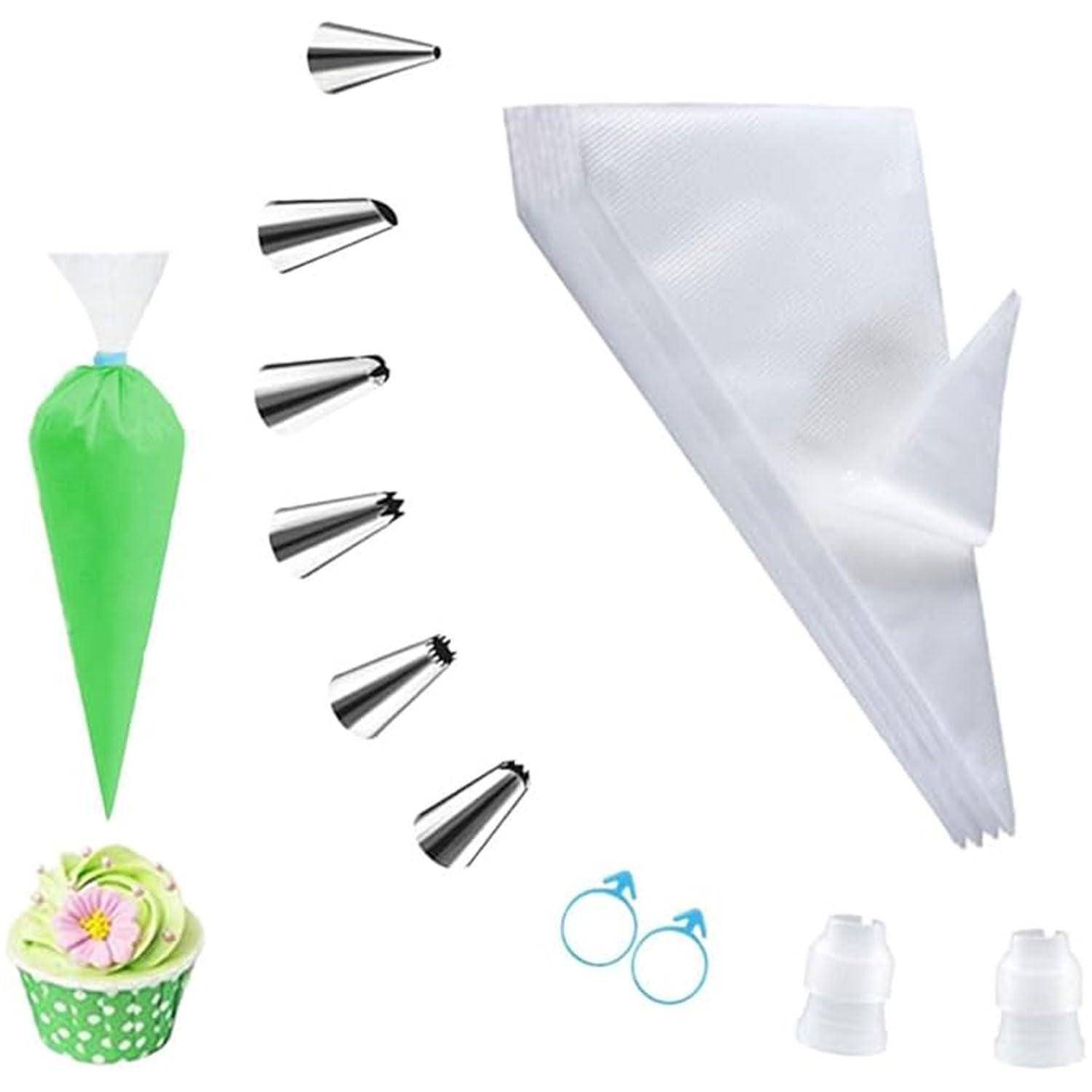 Spritzbeutel-Set mit Einweg- und wiederverwendbaren Gebäckbeuteln, Metall-Dekorationsspitzen, Kupplungen und Beispiel zur Cupcake-Glasur-Dekoration.