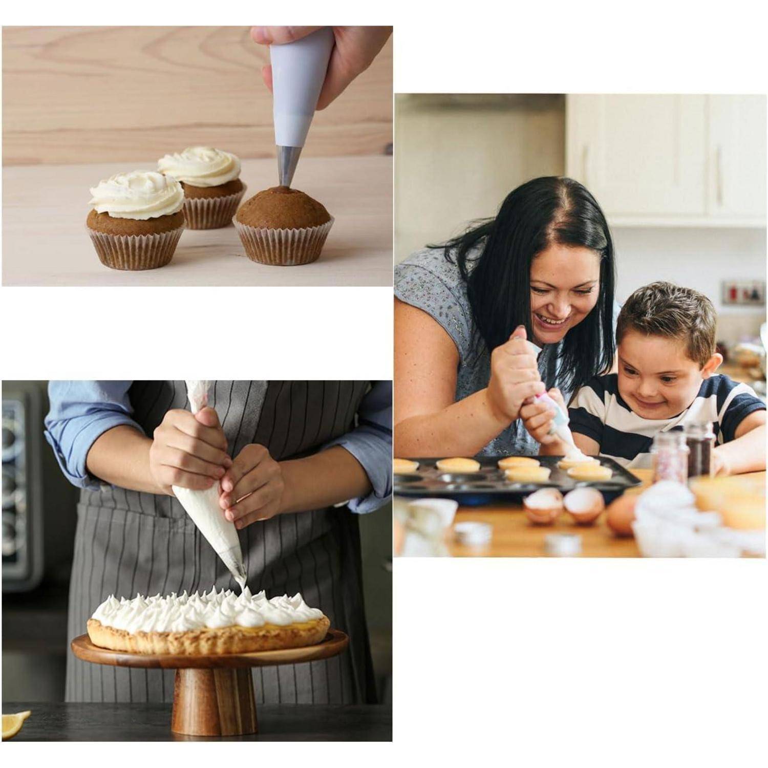 Collage von Menschen, die Cupcakes und einen Kuchen mit Zuckerguss verzieren, die heimisches Backen und gemeinsame familiäre Küchenaktivitäten zeigen.