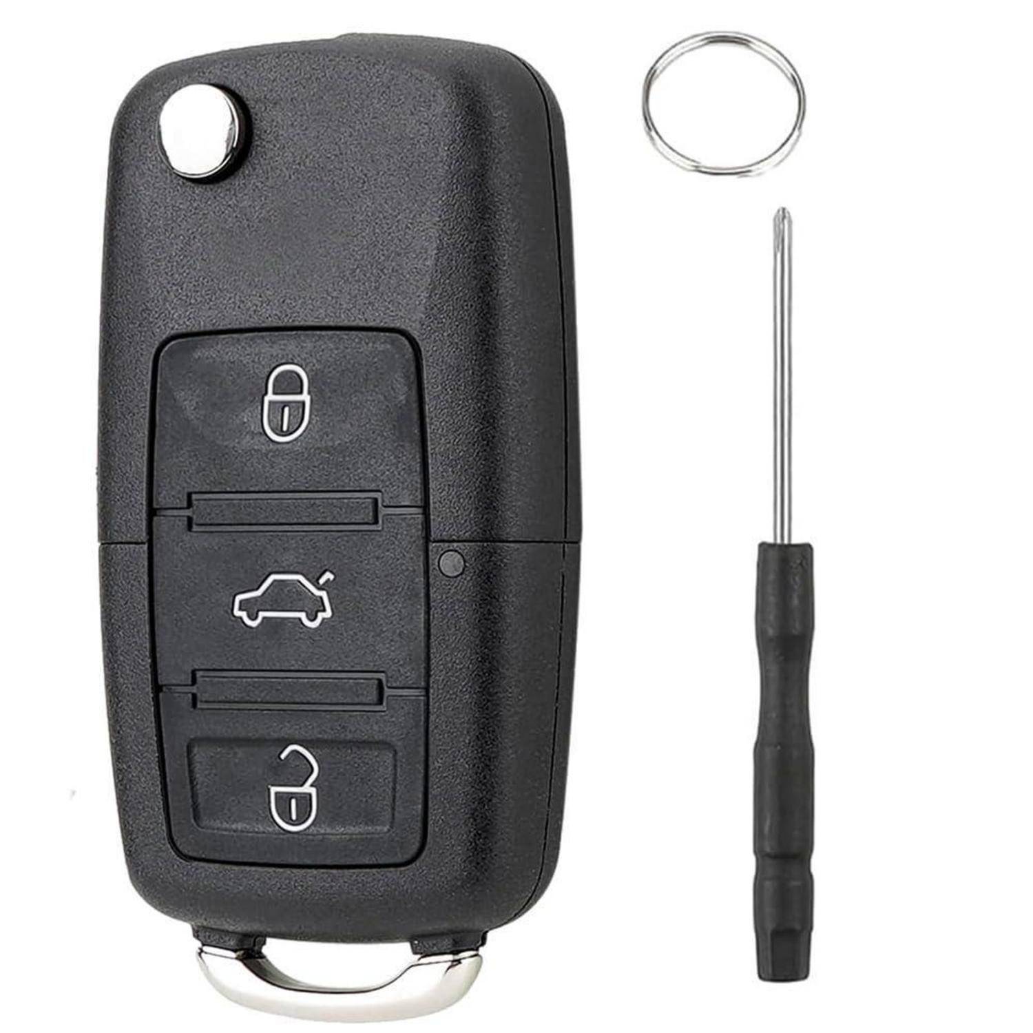 Autoschlüssel-Fernbedienung mit drei Tasten, gezeigt mit kleinem Schlüsselring und Schraubendreher-Werkzeug zum Öffnen oder zum Austausch der Batterie.