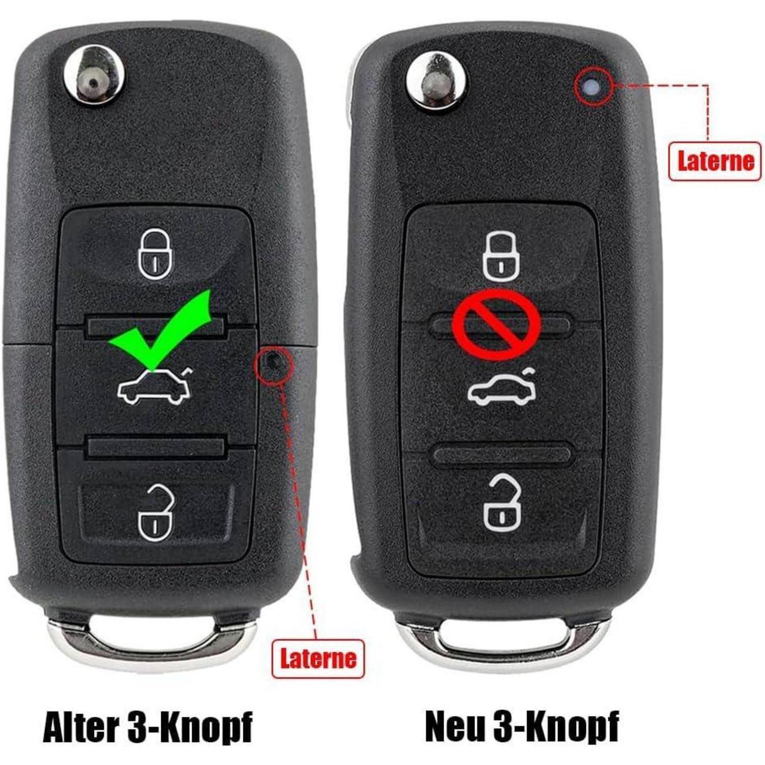 Vergleich von Autoschlüsselanbängern mit altem 3-Knopf-Layout mit Kofferraumtaste und neuem 3-Knopf-Layout ohne Kofferraumtaste; mit den Bezeichnungen „Alt 3-Knopf