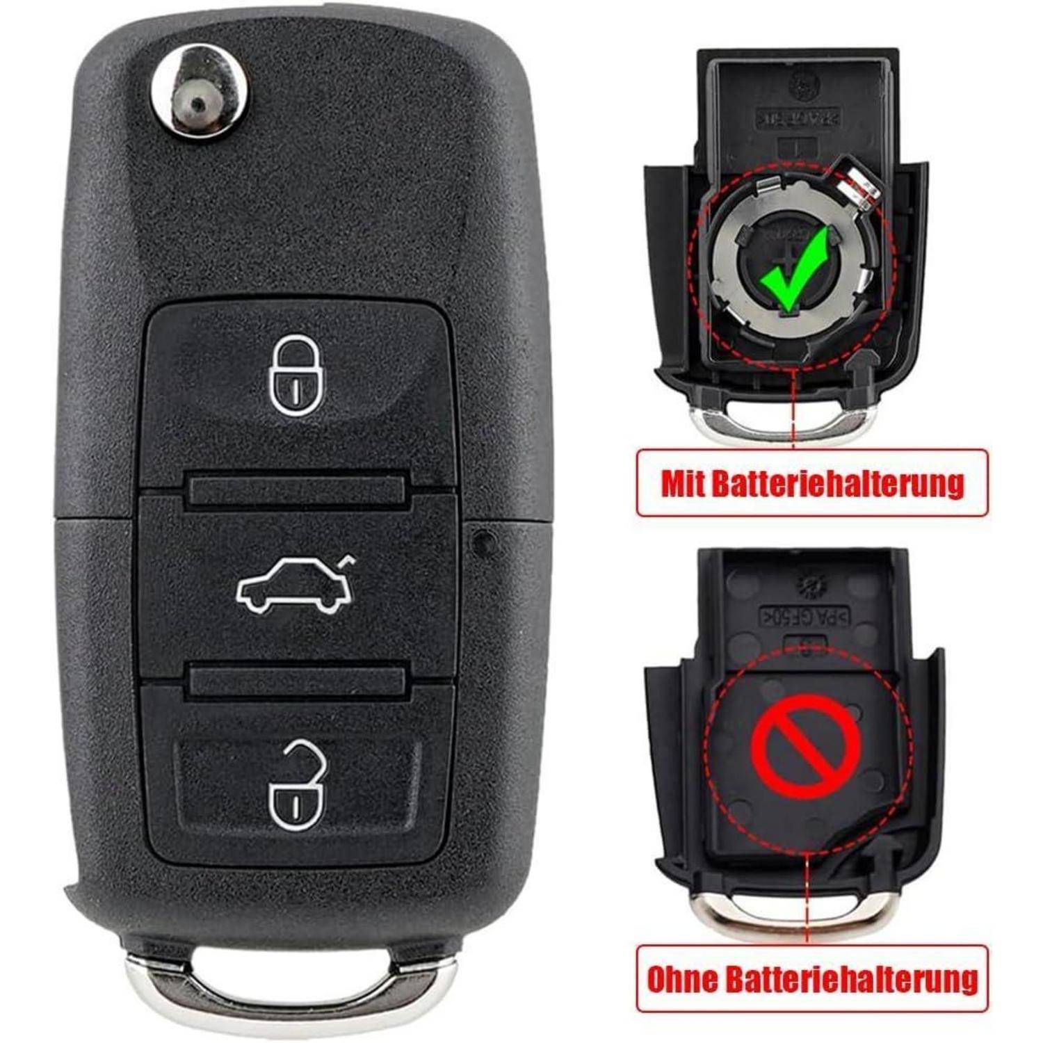 Autoschlüssel-Fernbedienung mit Verschluss-, Kofferraum- und Entsperr-Tasten; Vergleich zeigt die Version mit Batteriefachhalter als korrekt markiert und die Version ohne Batteriefachhalter als fehlerhaft markiert.
