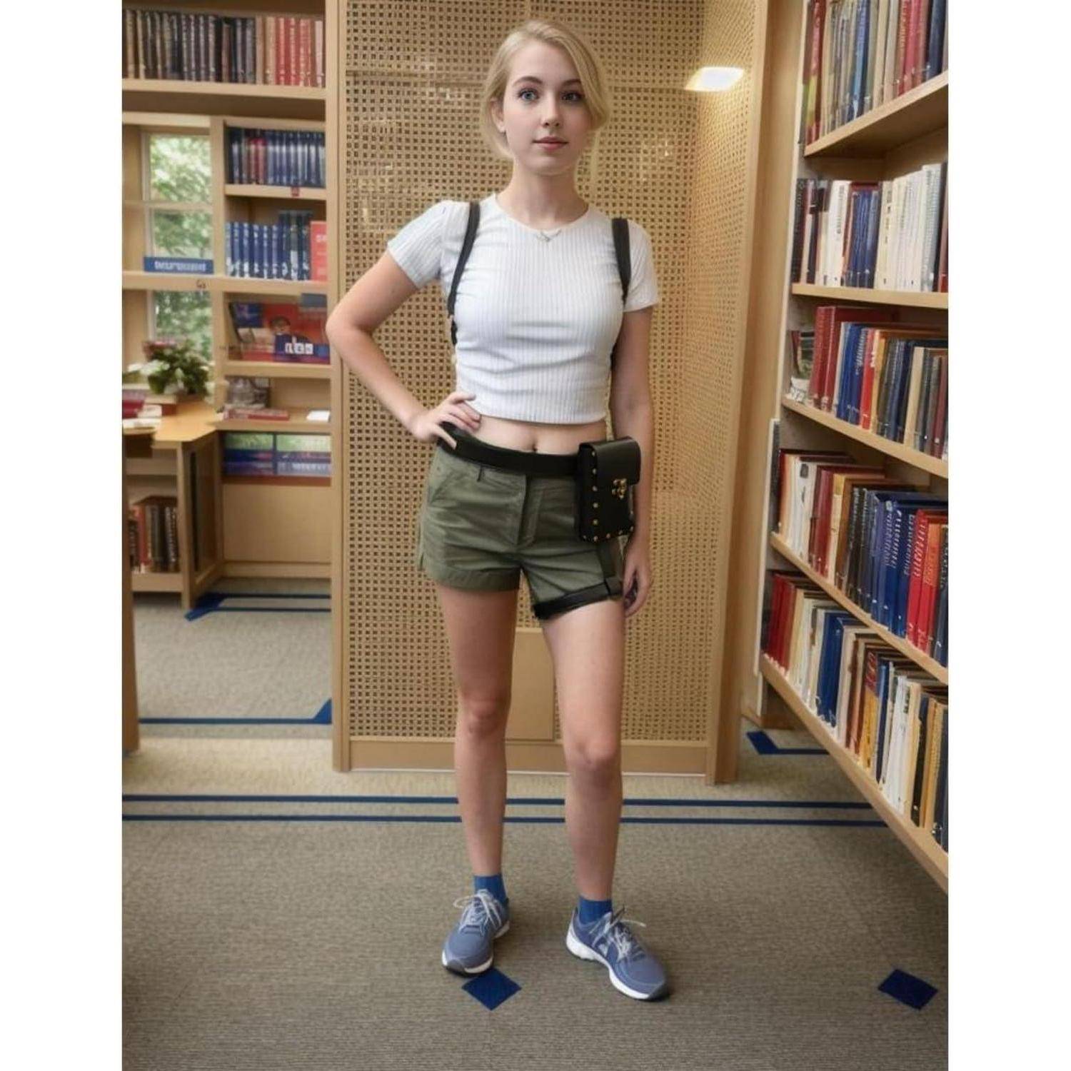Eine junge Frau steht in einem Büchereigang neben Bücherregalen, trägt ein weißes Crop Top, grüne Shorts und Sneaker, mit einer Hand in der Hüfte.