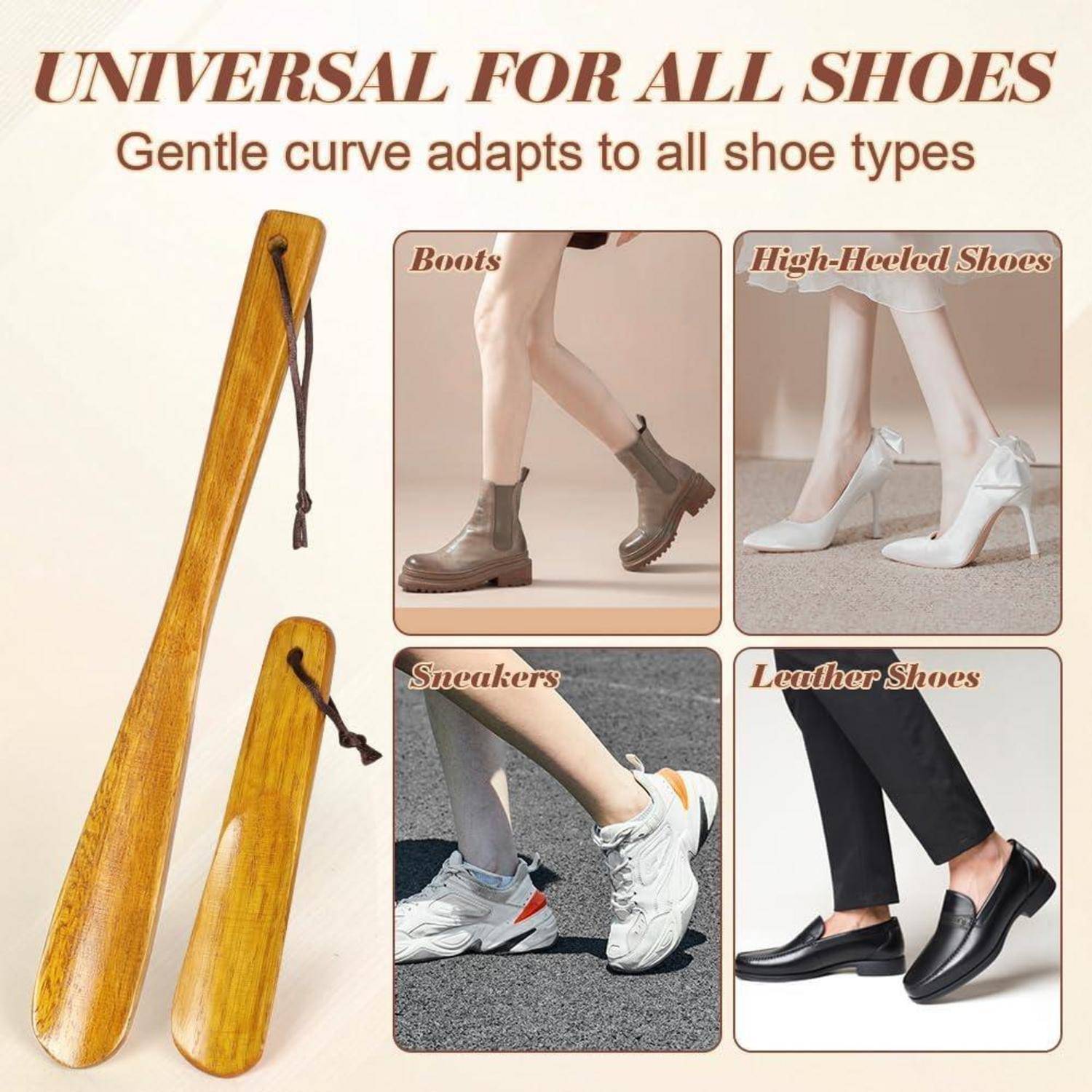 Werbebild von Holzschuhanzieher mit der Bezeichnung „Universell für alle Schuhe