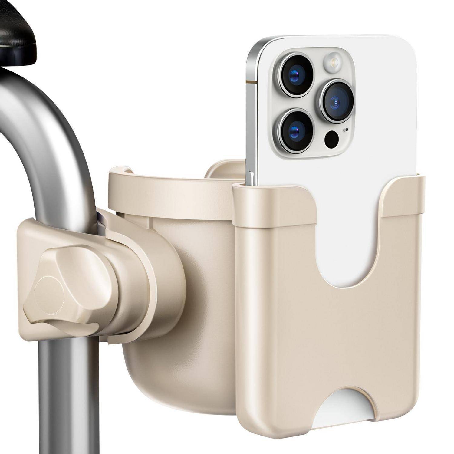 Beiger Fahrradgetränkehalter mit einem daneben an einem Fahrradlenker montierten Smartphone, das ein sicheres Telefon- und Getränketrägerzubehör zeigt.