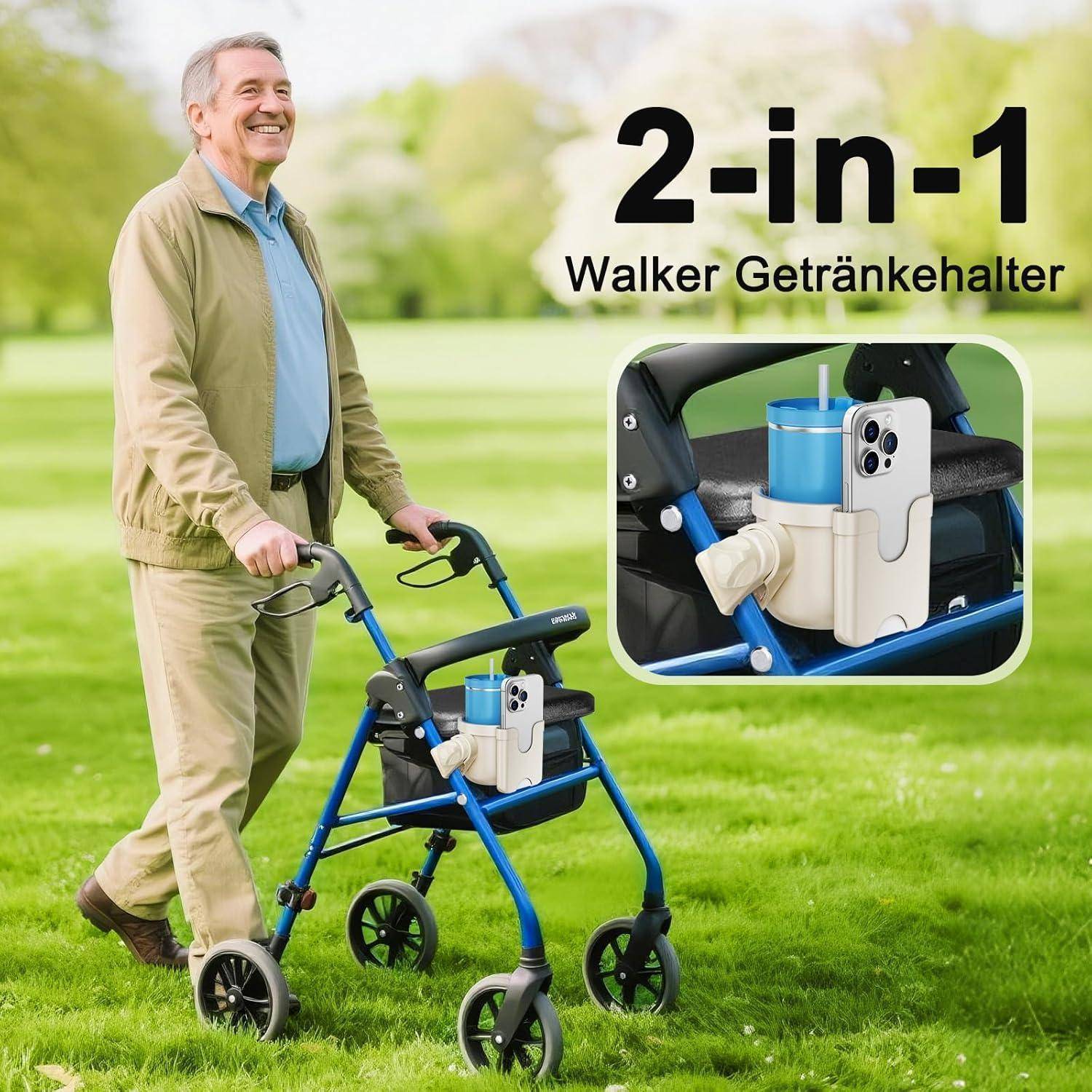 Lächelnder älterer Mann geht im Freien mit einem blauen Rollator spazieren, der mit einem Getränkehalter und Handyhalter ausgestattet ist; der Text lautet „2-in-1 Rollator Getränkehalter