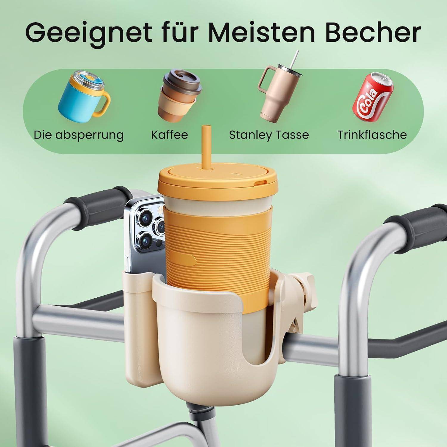 Getränkehalter für die meisten Becher, mit Kompatibilität für Dosen, Kaffeetassen, Stanley-Becher und Wasserflaschen an einem Kinderwagen- oder Rollstuhl-Griff.