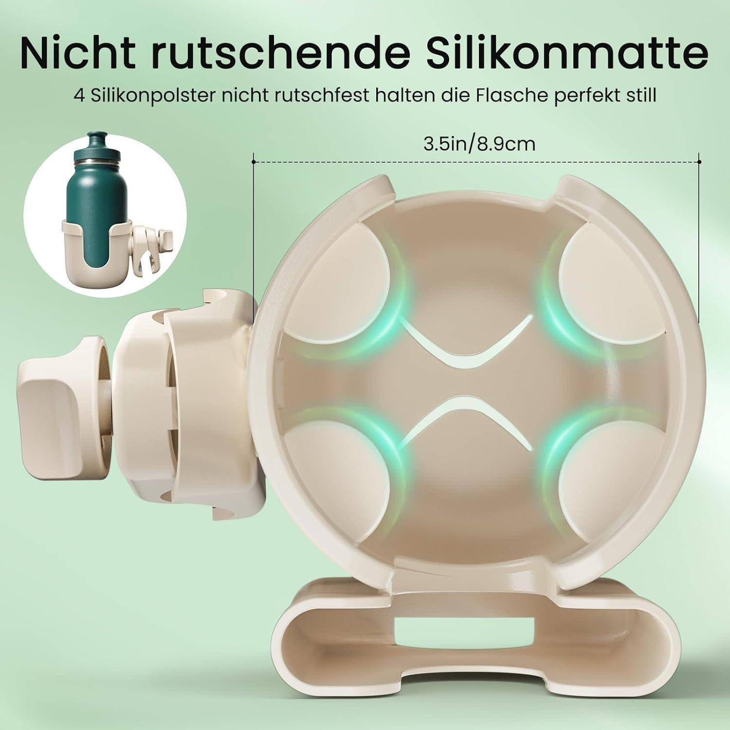 Werbegrafik einer rutschfesten Silikon-Flaschenunterlage und -halterung, auf Deutsch beschriftet, zeigt 4 Silikon-Pads, die eine Flasche stabil halten; Größe 3,5 Zoll/8,9 cm.