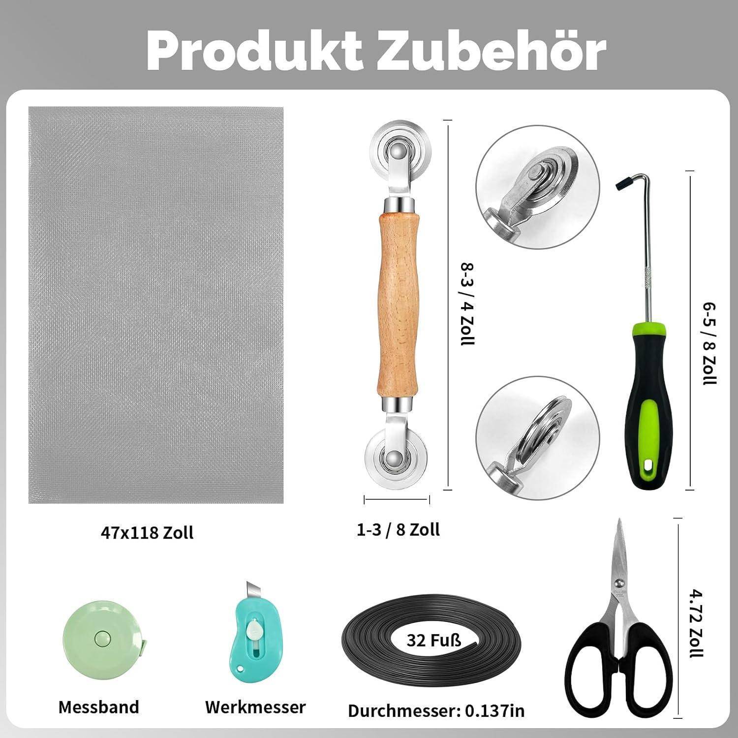 Produktzubehör-Diagramm mit einem 47x118 Zoll großen grauen Blatt, Walzenwerkzeugen, Hakenwerkzeug, Schere, Messlatte, Schneider und 32 Fuß schwarzem Trim mit Abmessungen.