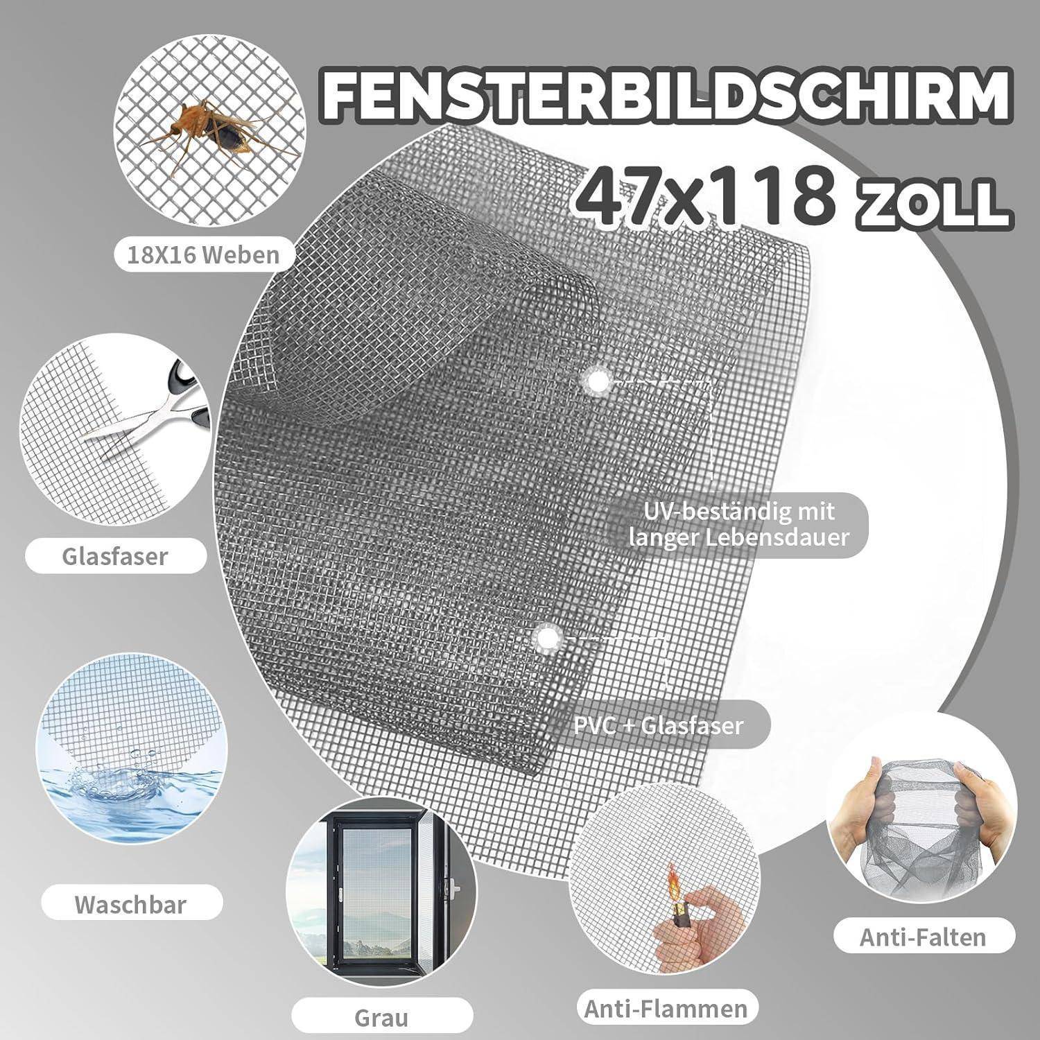 Graues Fenster-Fliegengitter, 47x118 cm, mit folgenden Eigenschaften: 18x16 Geflecht, Fiberglas, waschbar, UV-beständig, PVC+Fiberglas, flammhemmend, knitterresistent.