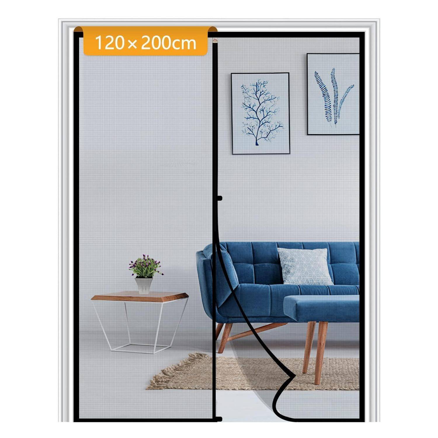 Schwarzer Türrahmen, 120 x 200 cm, magnetischer Fliegengitter für Türen mit Netzgewebe, gezeigt installiert in einer Wohnzimmertüröffnung