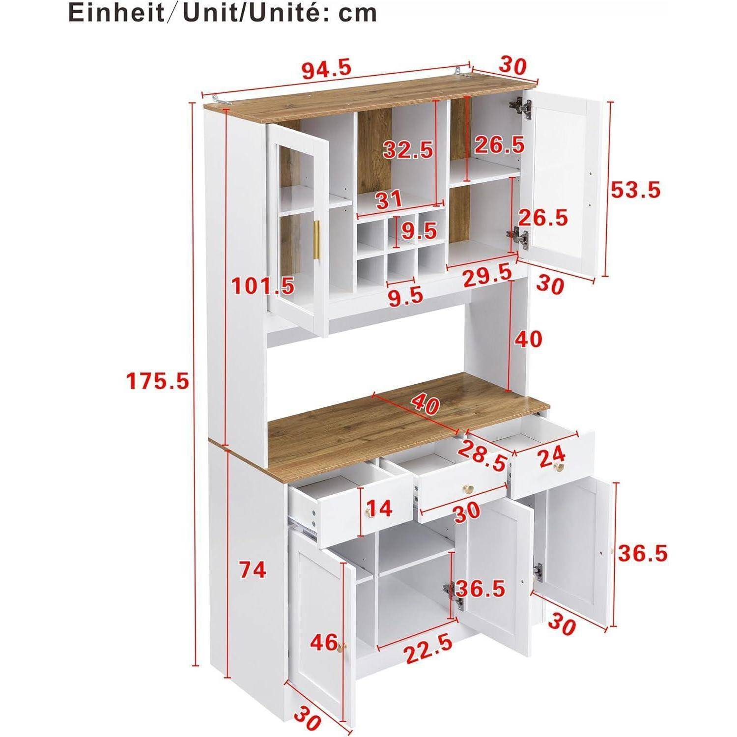 Bemaßte Zeichnung eines weiß-hölzernen Schranks mit einer Gesamthöhe von 175,5 cm und einer Breite von 94,5 cm, mit beschrifteten Regalen, Schubladen und Türen in Zentimetern.