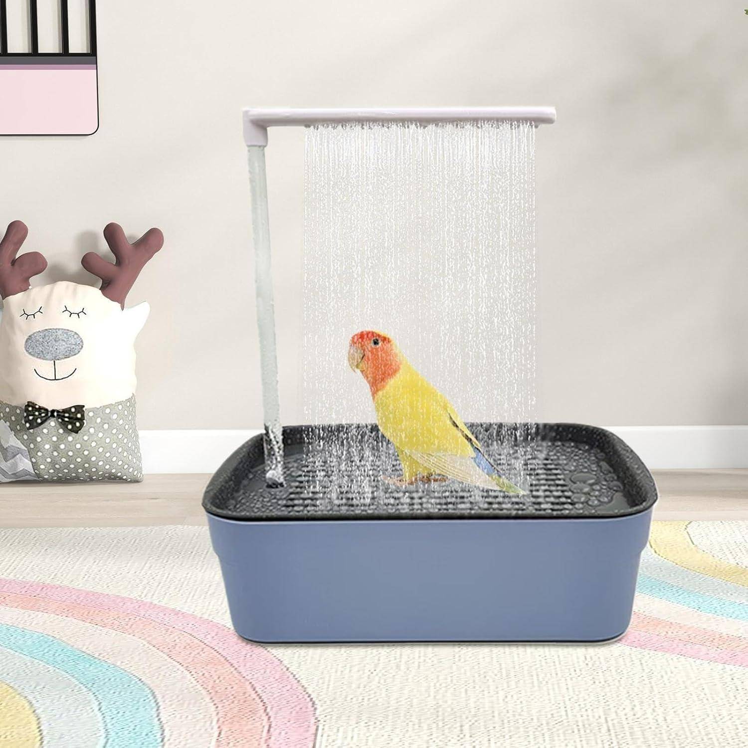 Ein farbenfroher Papagei steht in einer kleinen Indoor-Vogeltränke unter einer laufenden Wasserdusche, mit einem kuscheligen Hirschkissen im Hintergrund.
