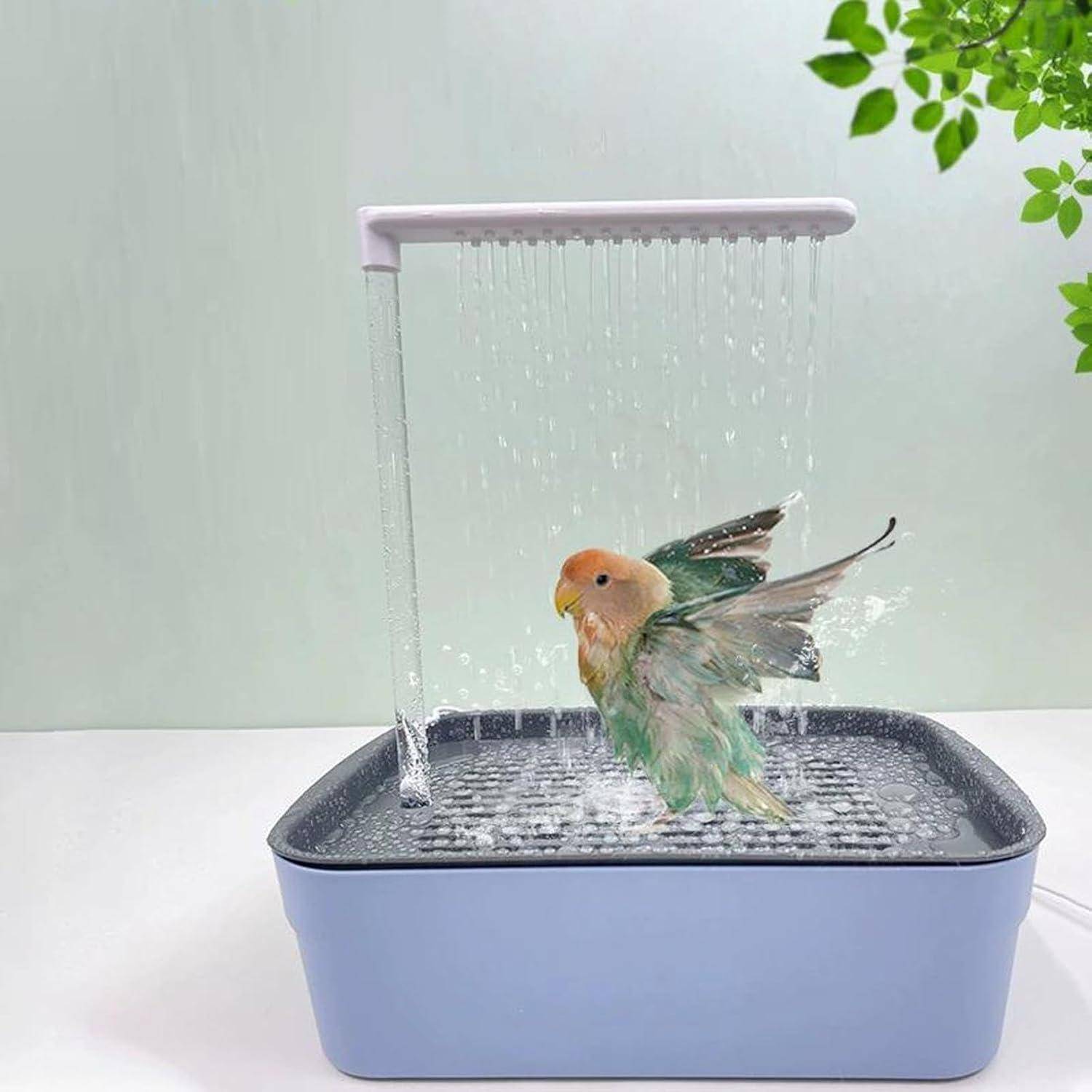 Ein kleiner Papagei badet unter einem Wasserfall in einem blauen Vogelbad auf dem Tisch.