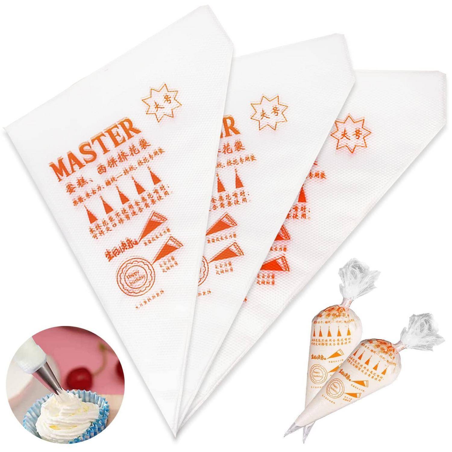 Drei weiße Einweg-Spritzbeutel mit orangem „MASTER