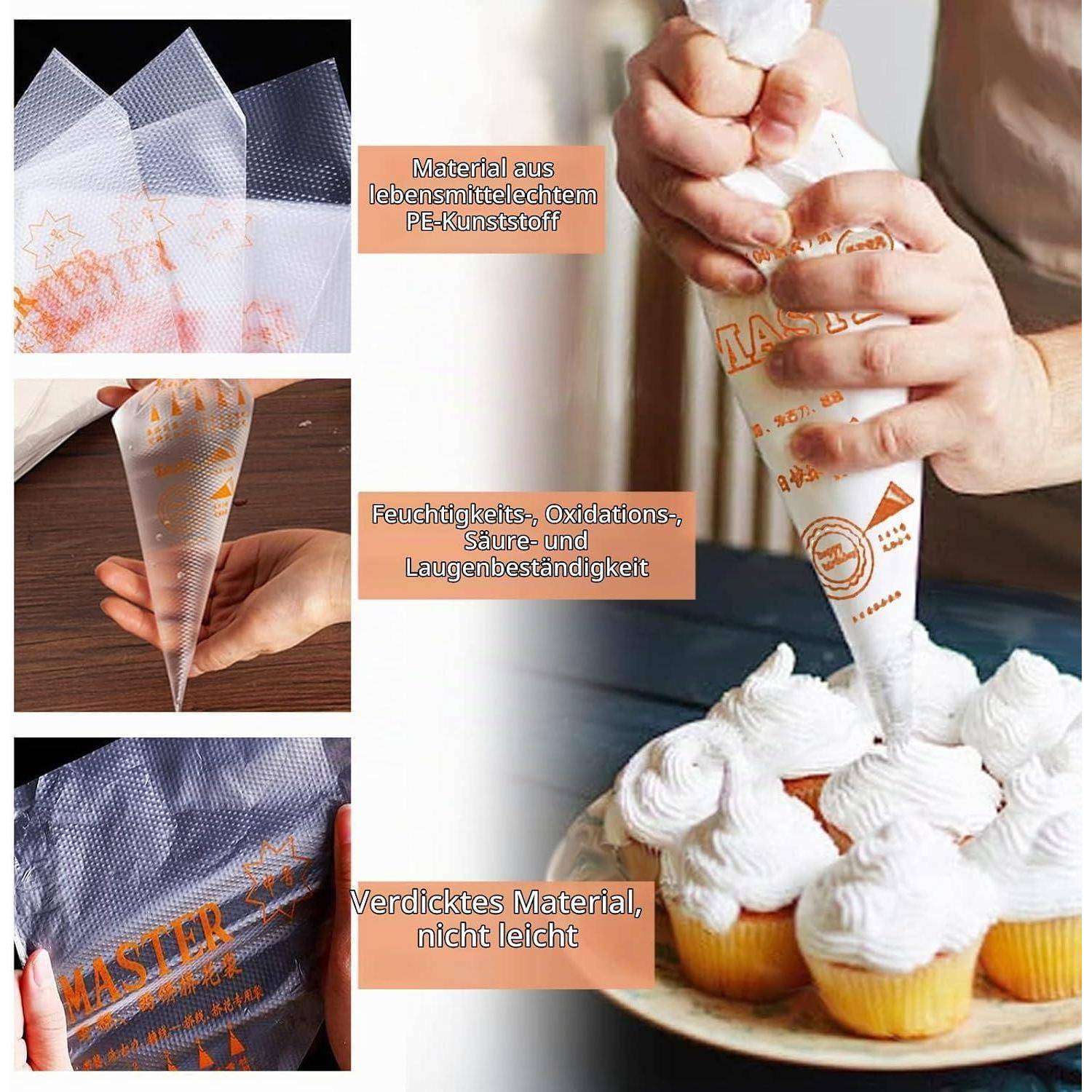 Infografik mit einer Spritzbeutel aus lebensmittelgeeignetem PE-Kunststoff, beständig gegen Feuchtigkeit, Oxidation, Säuren und Laugen, mit verstärktem Material, das nicht leicht reißt.