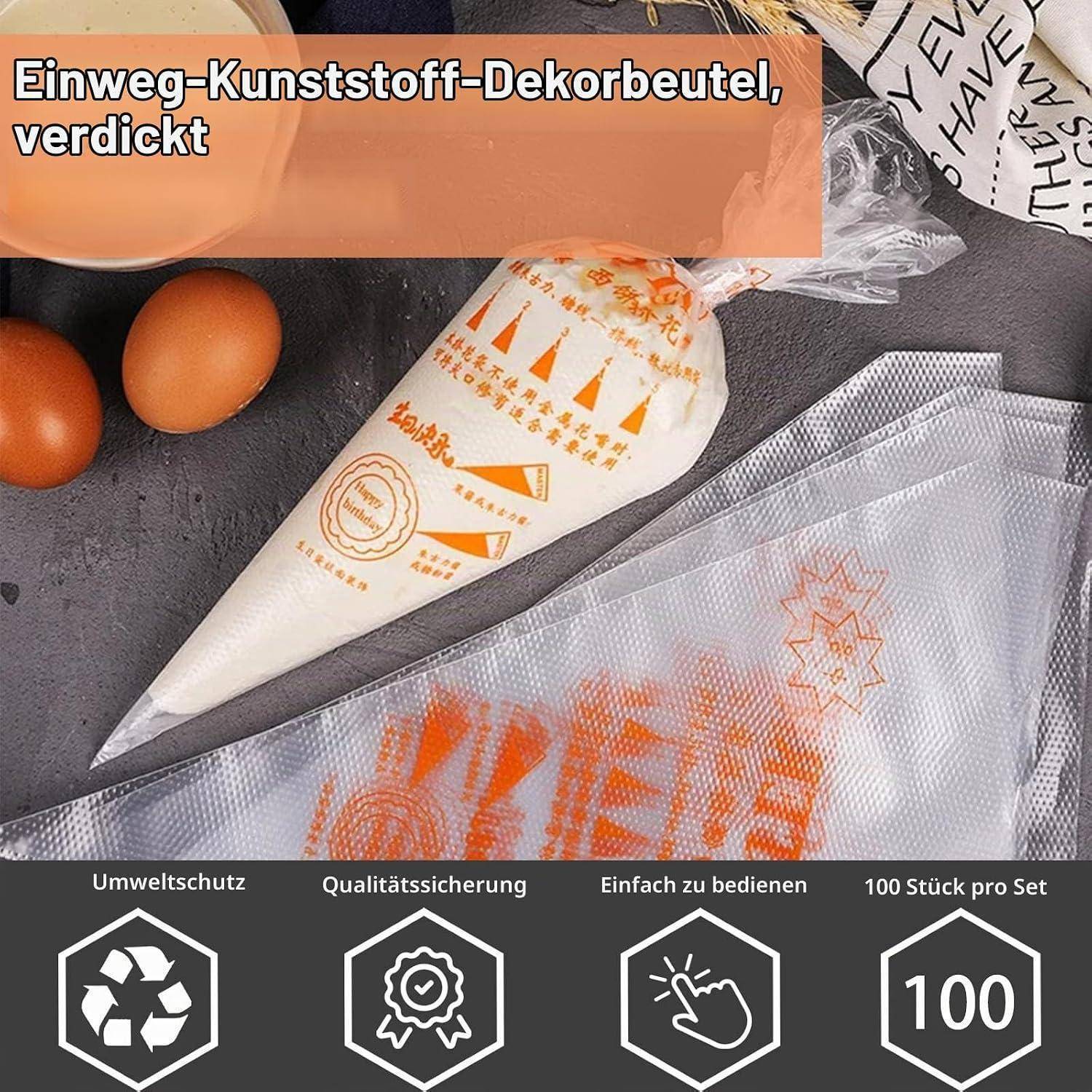 Deutsches Werbebild einer Einweg-Kunststoffspritzbeutel, das orange gemusterte Spritzglasurhbeutel zeigt, mit Etiketten für Umweltschutz, Qualitätssicherung, einfache Handhabung und 100 Stück pro Set.