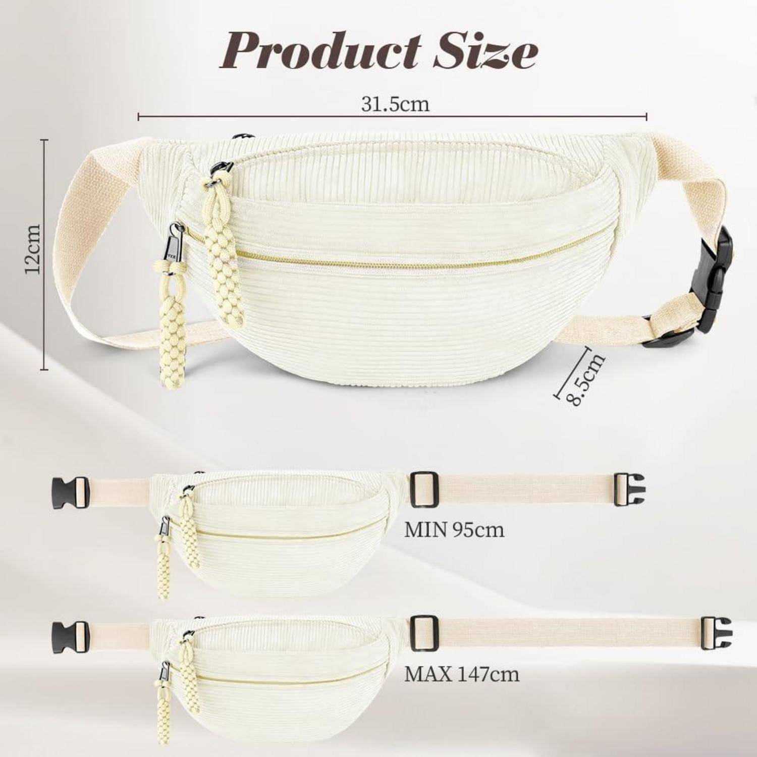 Produktgrößendiagramm einer weißen Gürteltasche: 31,5 cm breit, 12 cm hoch, 8,5 cm tief, mit verstellbarer Riemenlänge von 95 cm bis 147 cm.