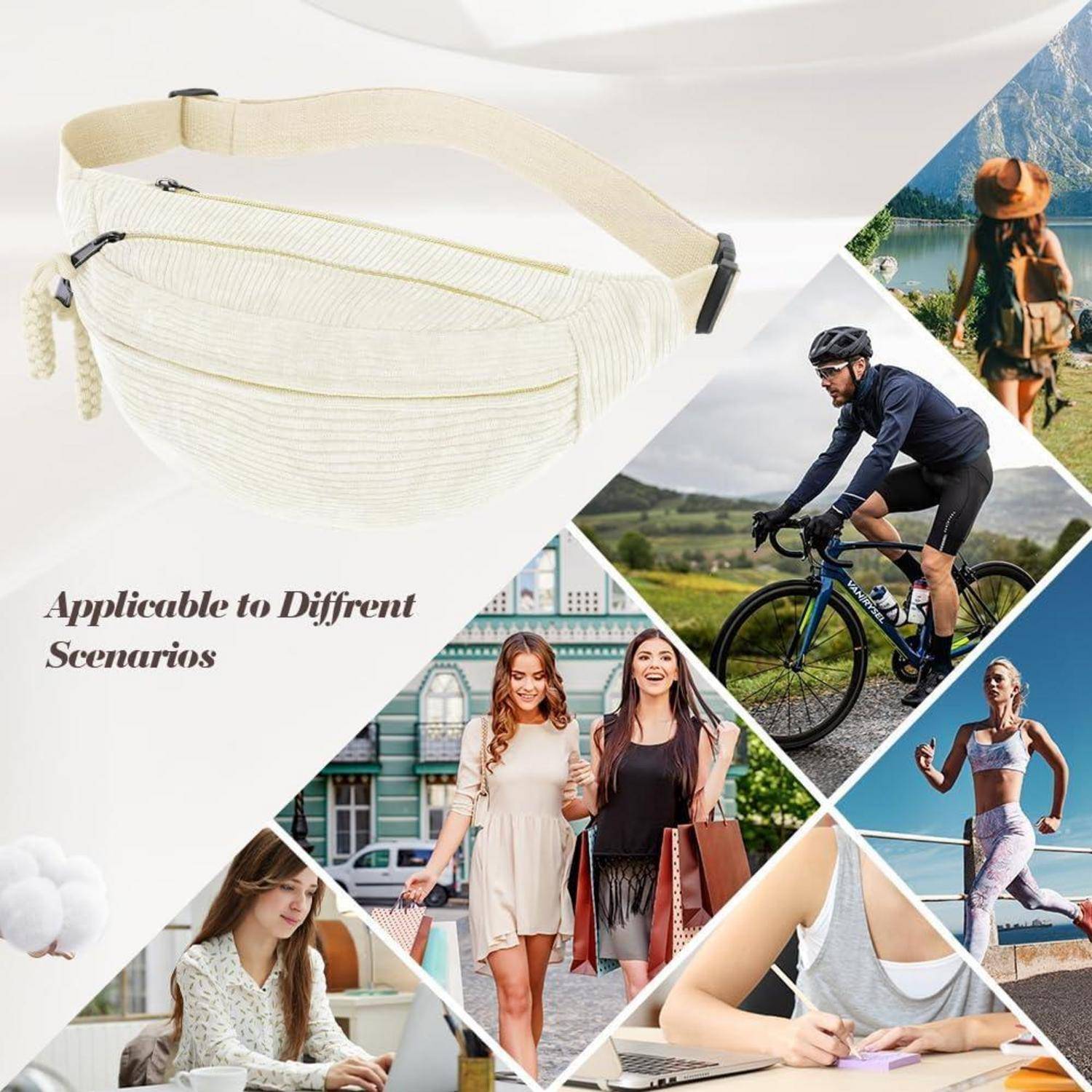 Collage einer weißen Hüfttasche, die für verschiedene Verwendungszwecke gezeigt wird, mit Text „Anwendbar für verschiedene Szenarien" und Lifestyle-Bildern von Reisen, Radfahren, Einkaufen, Laufen und Lernen.