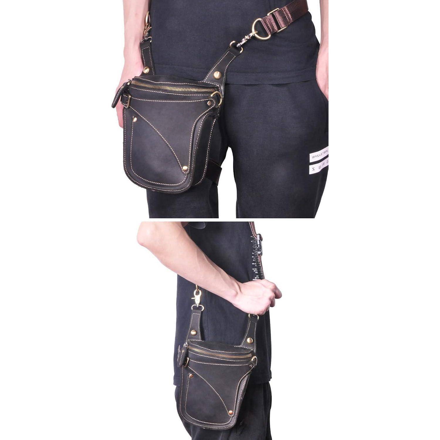 Modell trägt eine schwarze Leder-Umhängetasche mit Dienstprogramm-Design mit goldfarbenen Reißverschlüssen und verstellbarem Riemen, gezeigt von vorne und von der Seite auf weißem Hintergrund.