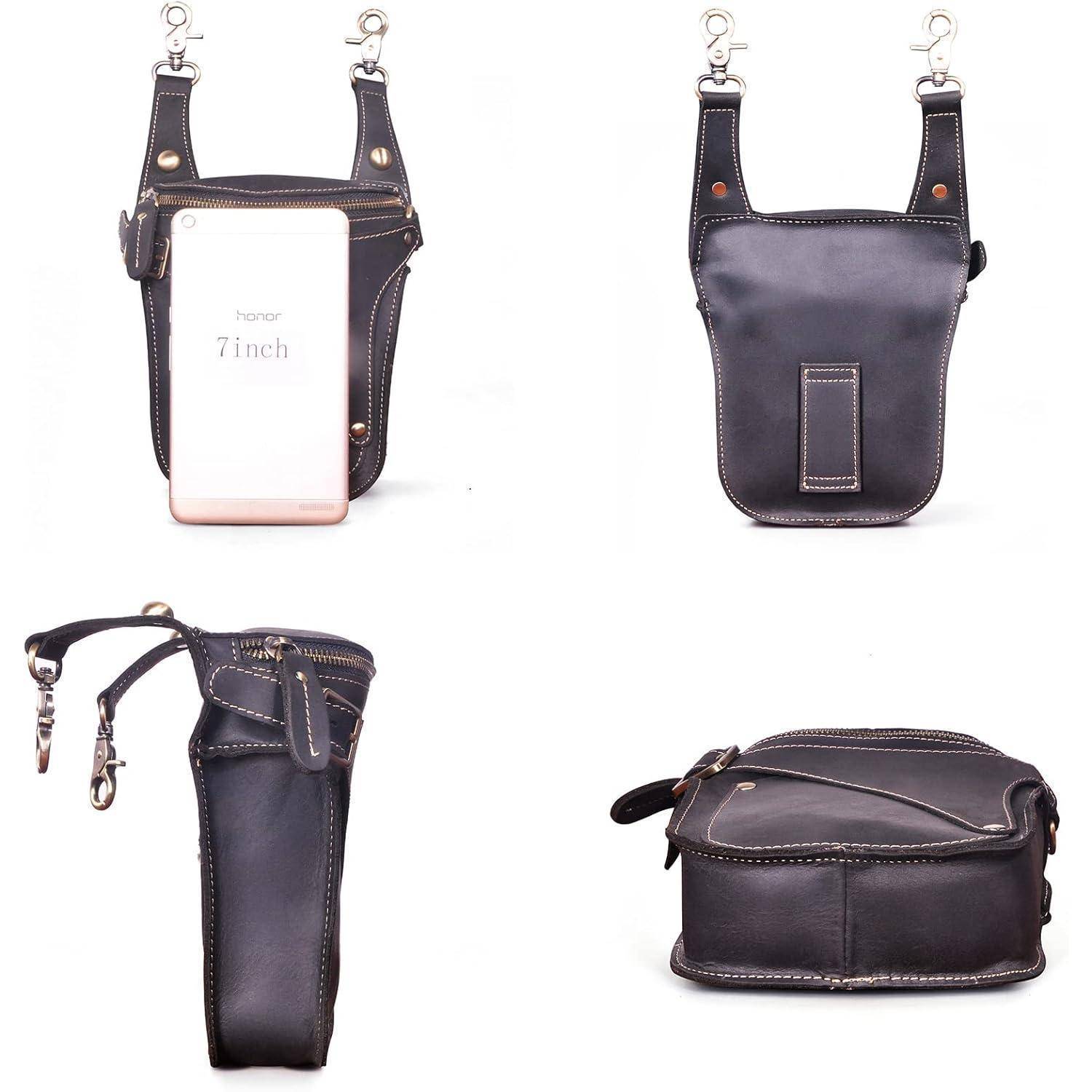 Schwarze Ledertelefontasche, von vier Winkeln gezeigt, mit Gürtelclips und Oberklappe, dimensioniert für ein Telefon.