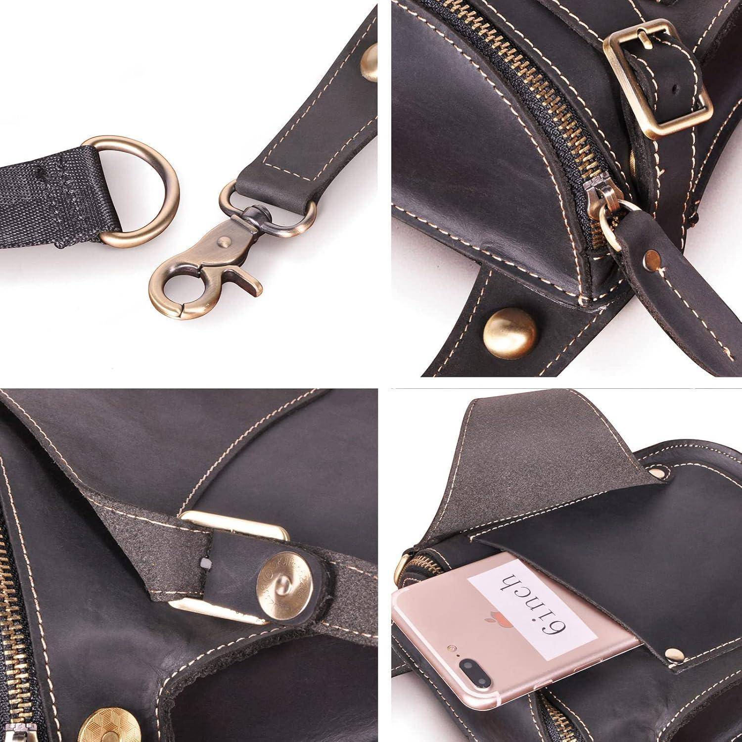 Collage aus Hardware und Taschen einer dunklen Ledertasche, das Riemenklemmen, Messingschnallen, Reißverschluss und ein Telefon zeigt, das in eine äußere Tasche passt.