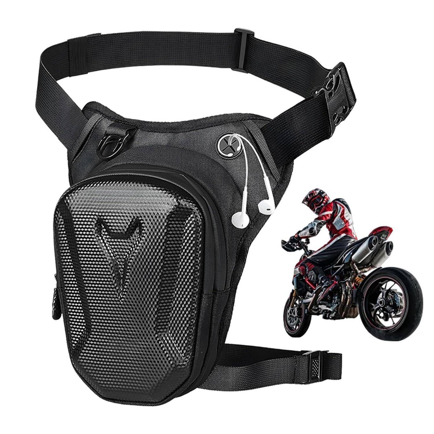 Schwarze Motorrad-Beintasche mit verstellbaren Bauch- und Oberschenkelriemen, gezeigt mit einem Fahrer auf einem Sportmotorrad, um tragbaren Reitstauraum anzudeuten.