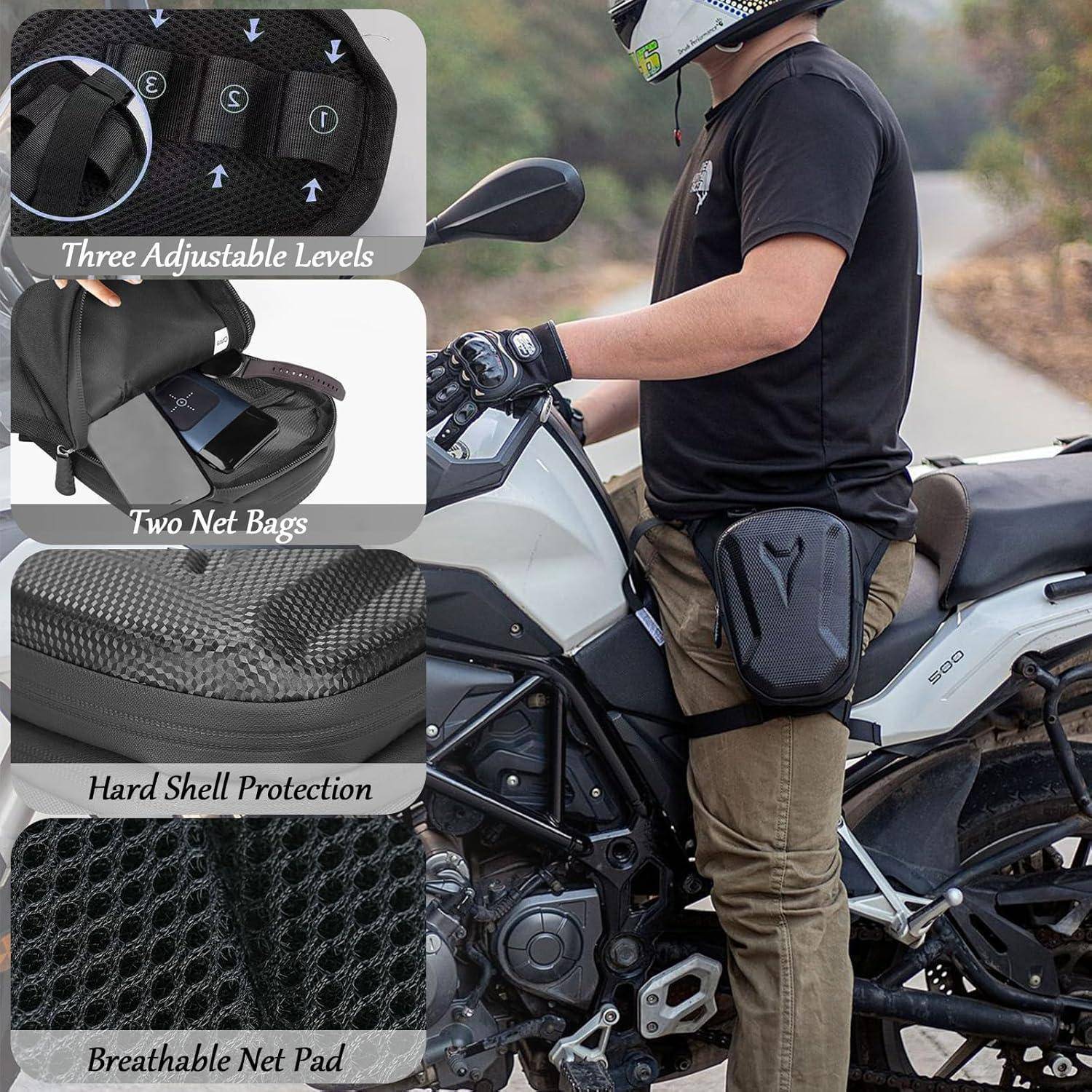 Motorradfahrer trägt eine schwarze Oberschenkeltasche, die während der Fahrt am Bein befestigt ist; Einschubausschnitte zeigen verstellbare Stufen, zwei Netztaschen, Hartschalenschutz und atmungsaktives Netzpolster.