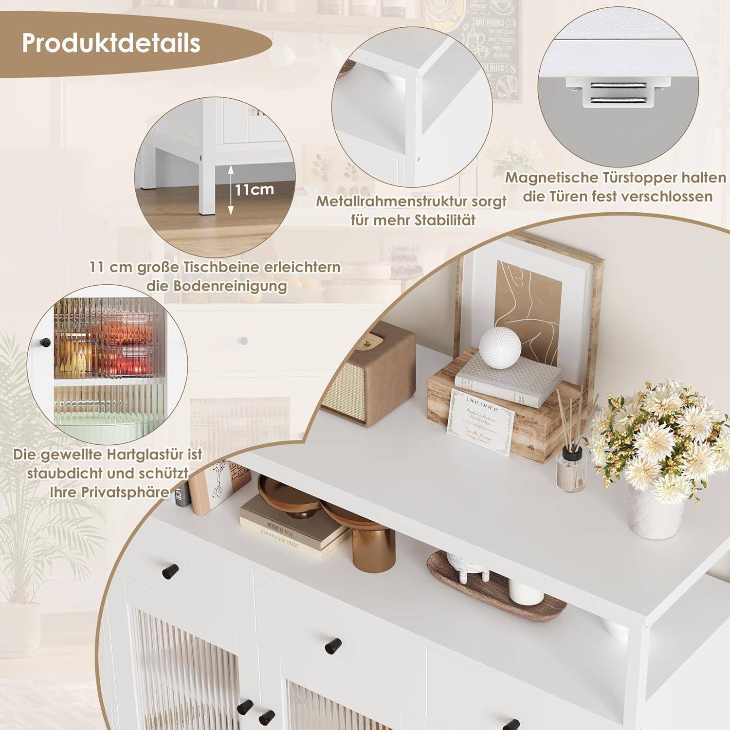 Produktdetails-Grafik eines weißen Schranks: 11 cm hohe Beine für leichte Reinigung, Metallrahmen für Stabilität, magnetische Türverschlüsse und strukturiertes Glas für Privatsphäre.
