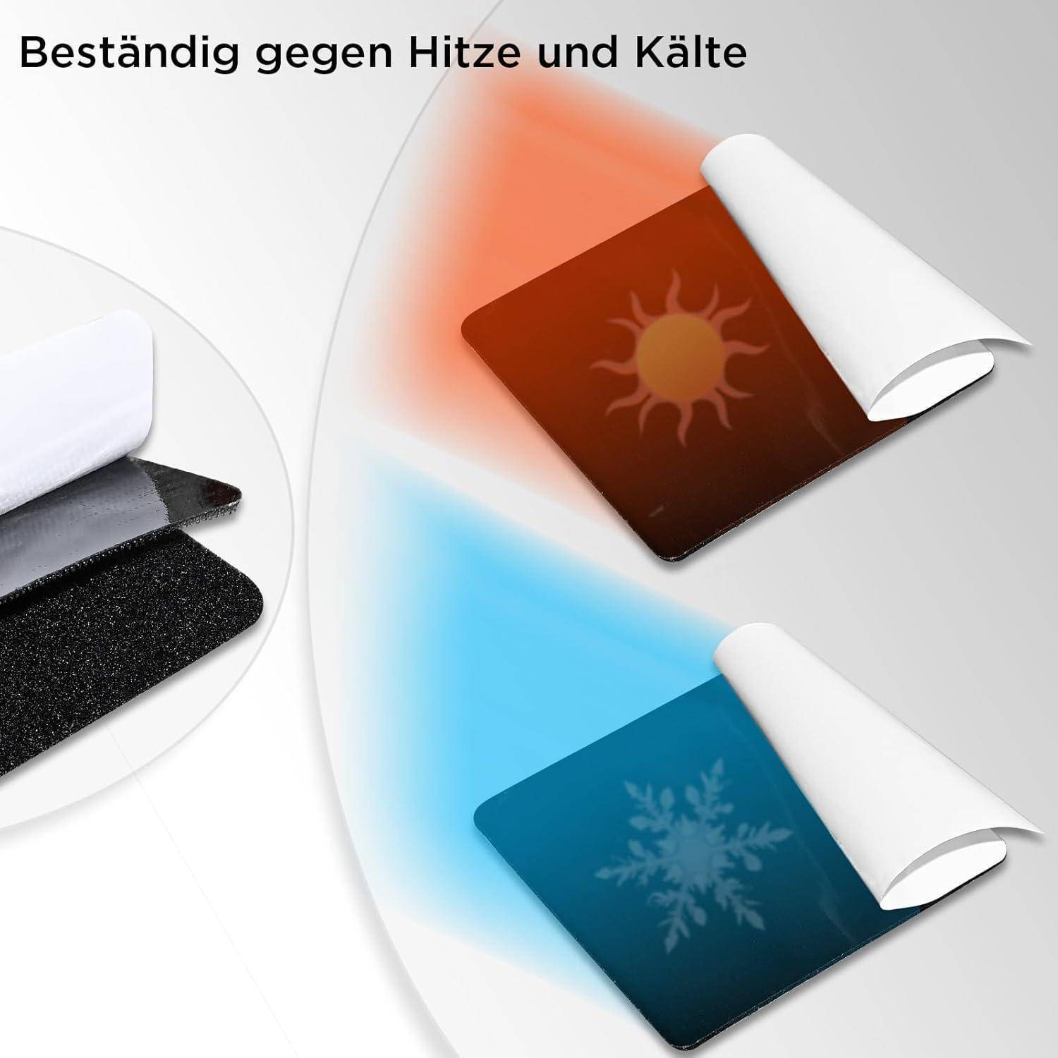 Grafik mit einer hitze- und kältebeständigen Matte: Das obere Panel leuchtet orange mit einem Sonnensymbol, das untere Panel leuchtet blau mit einer Schneeflocke, mit deutschem Text „Beständig gegen Hitze und Kälte