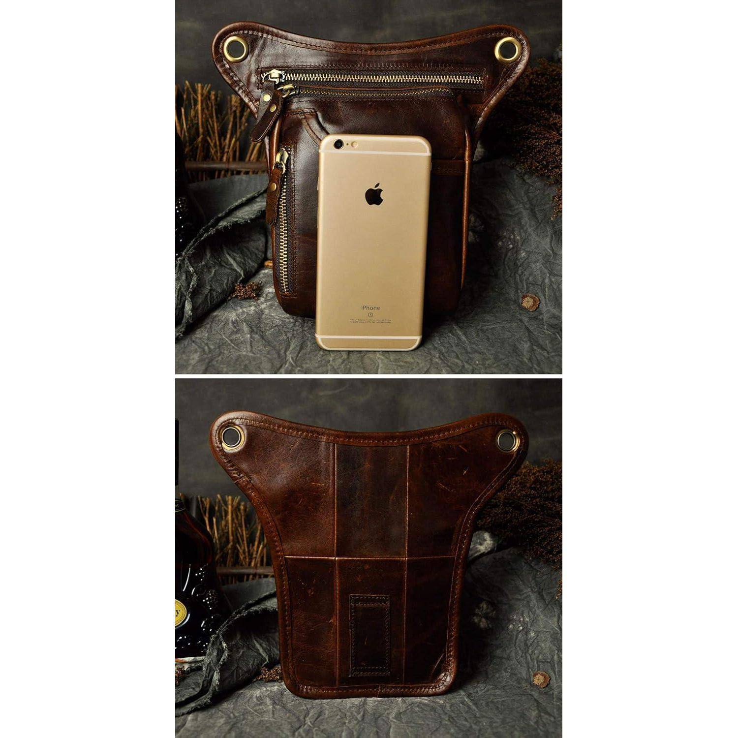 Zweigeteiltes Produktfoto eines braunen Ledertelefon-Holsters: Die Vorderseite zeigt ein iPhone in der Tasche, die Rückseite zeigt die genähte Lederrückseite und die Gürtelschlaufe.