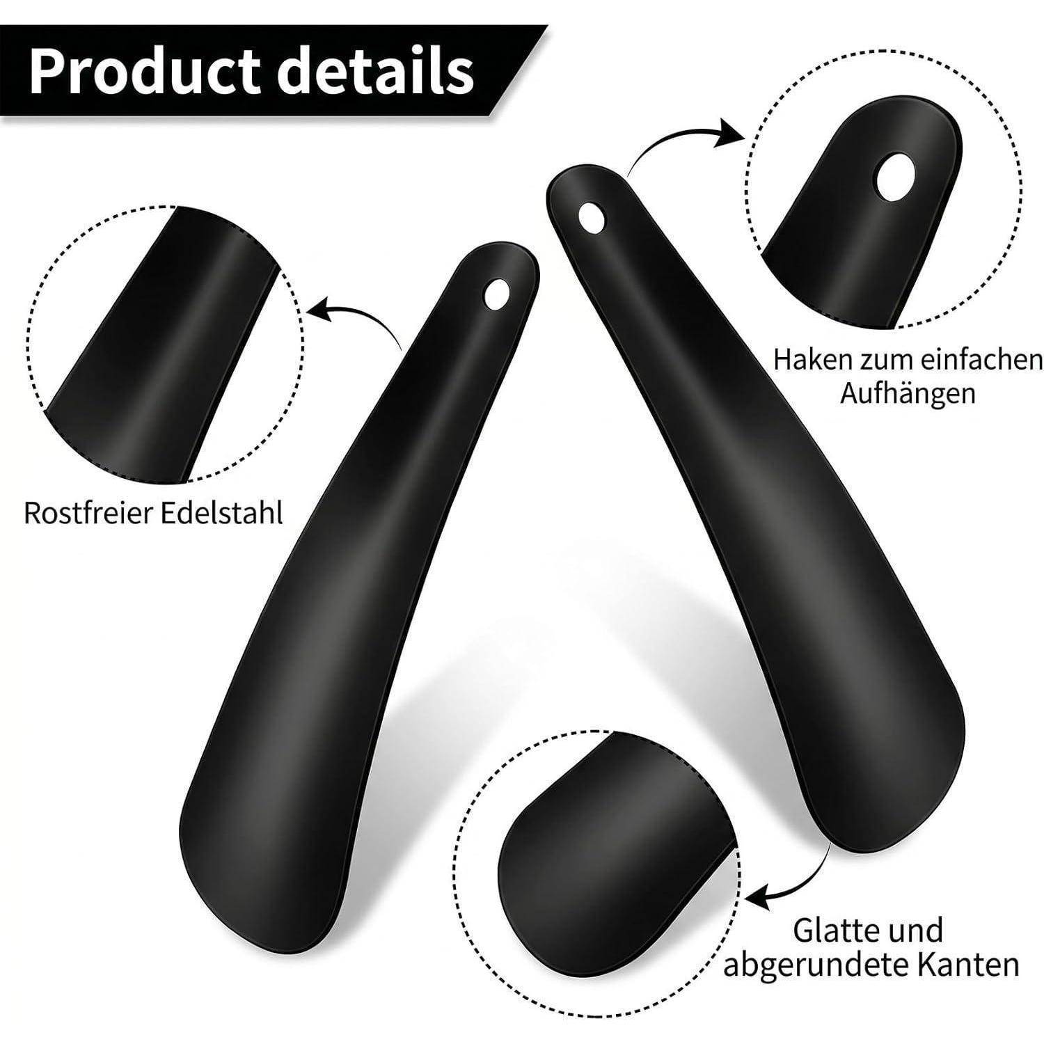 Produktdetail-Diagramm von schwarzen Edelstahl-Hängehaken mit Hervorhebung der einfachen Befestigung, glatten abgerundeten Kanten und rostfreiem Edelstahl.
