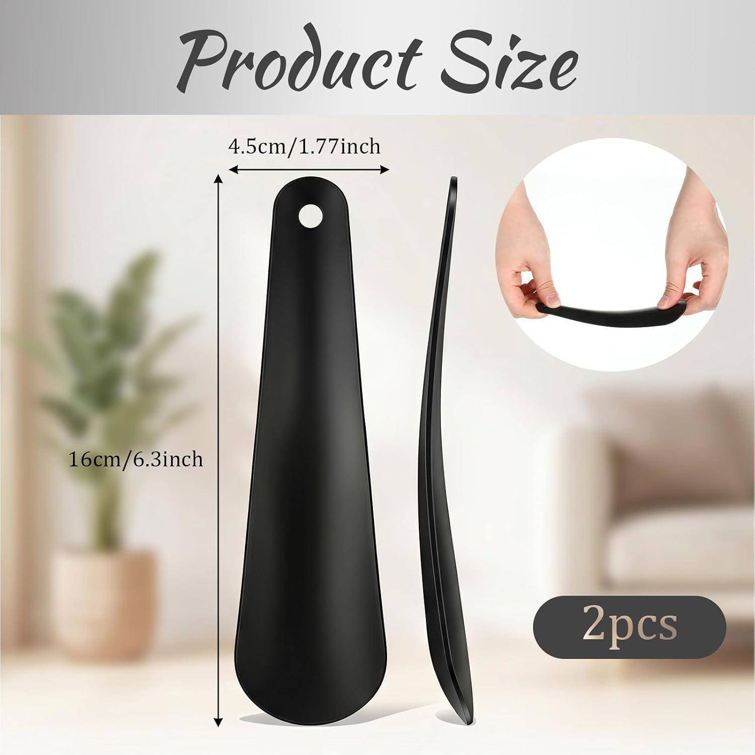 Produktgrößendiagramm, das ein schwarzes gebogenes Griff- oder spatelartiges Werkzeug zeigt, 16 cm lang und 4,5 cm breit, verkauft als 2 Stück.