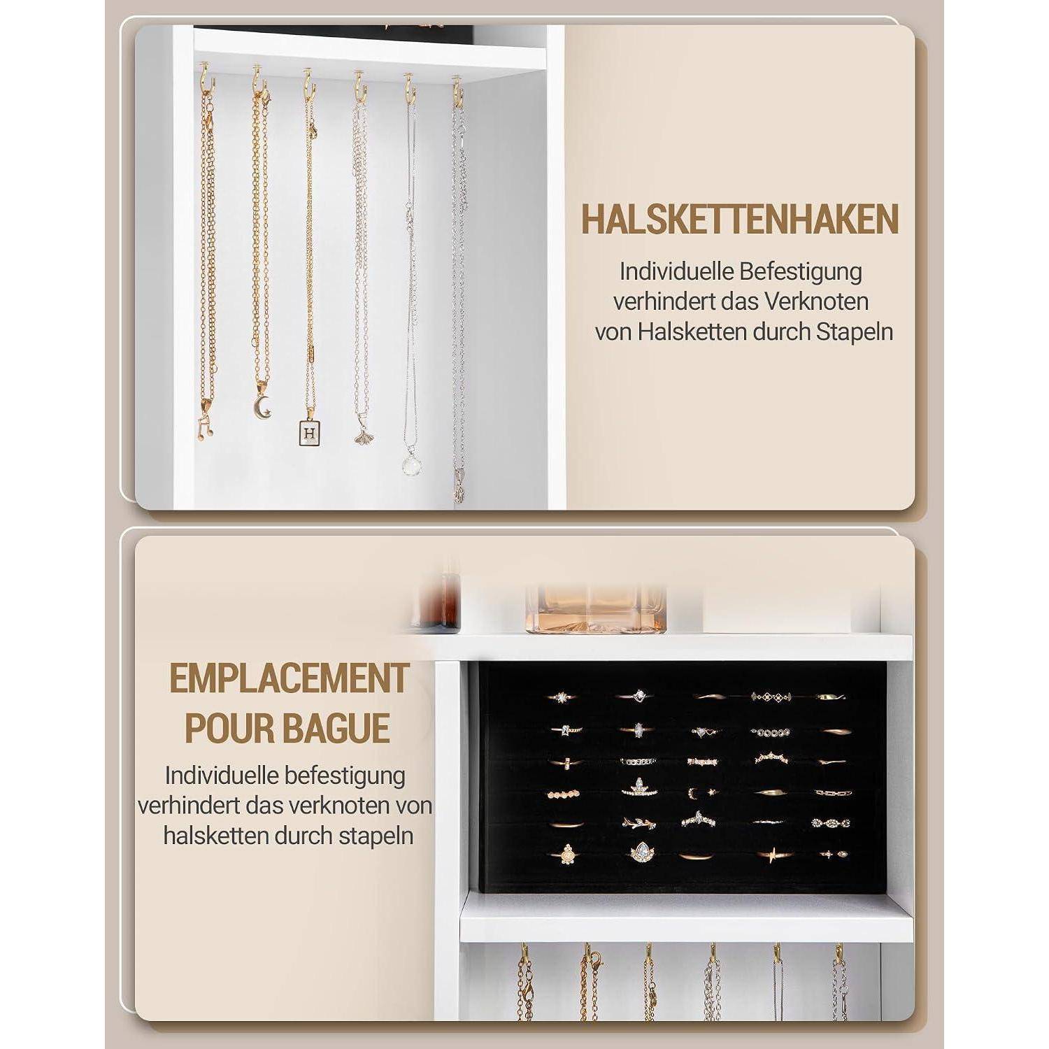 Produktanzeige mit einem Schmuckorganizer, der das Verheddern von Halsketten und das Verknoten von Ringen verhindert, mit hängenden Ketten und Ringen, die in weißen Fächern angeordnet sind.