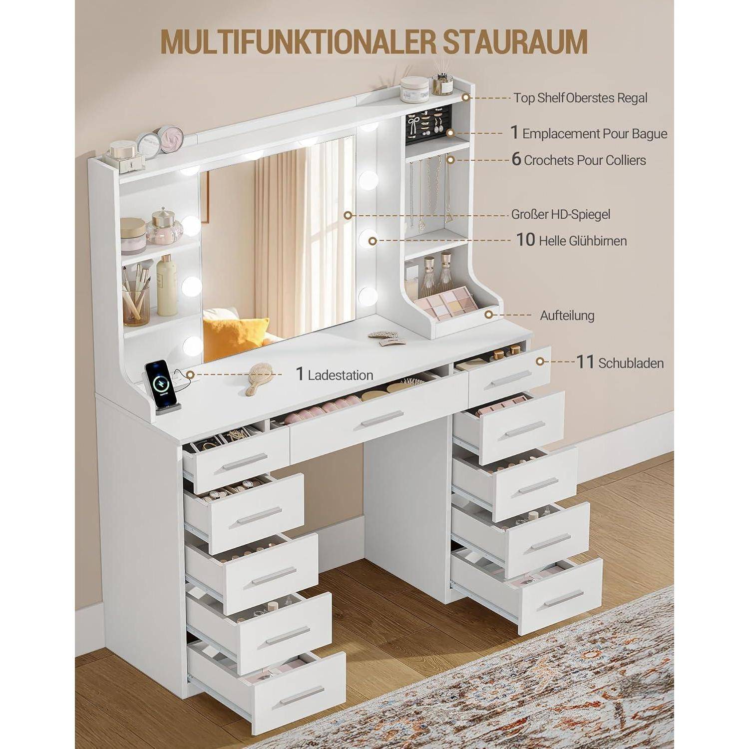 Weißer Frisiertisch mit Spiegel, Regalen, Leuchten, Handyladegerät und 11 Schubladen; als multifunktionaler Stauraum bezeichnet.