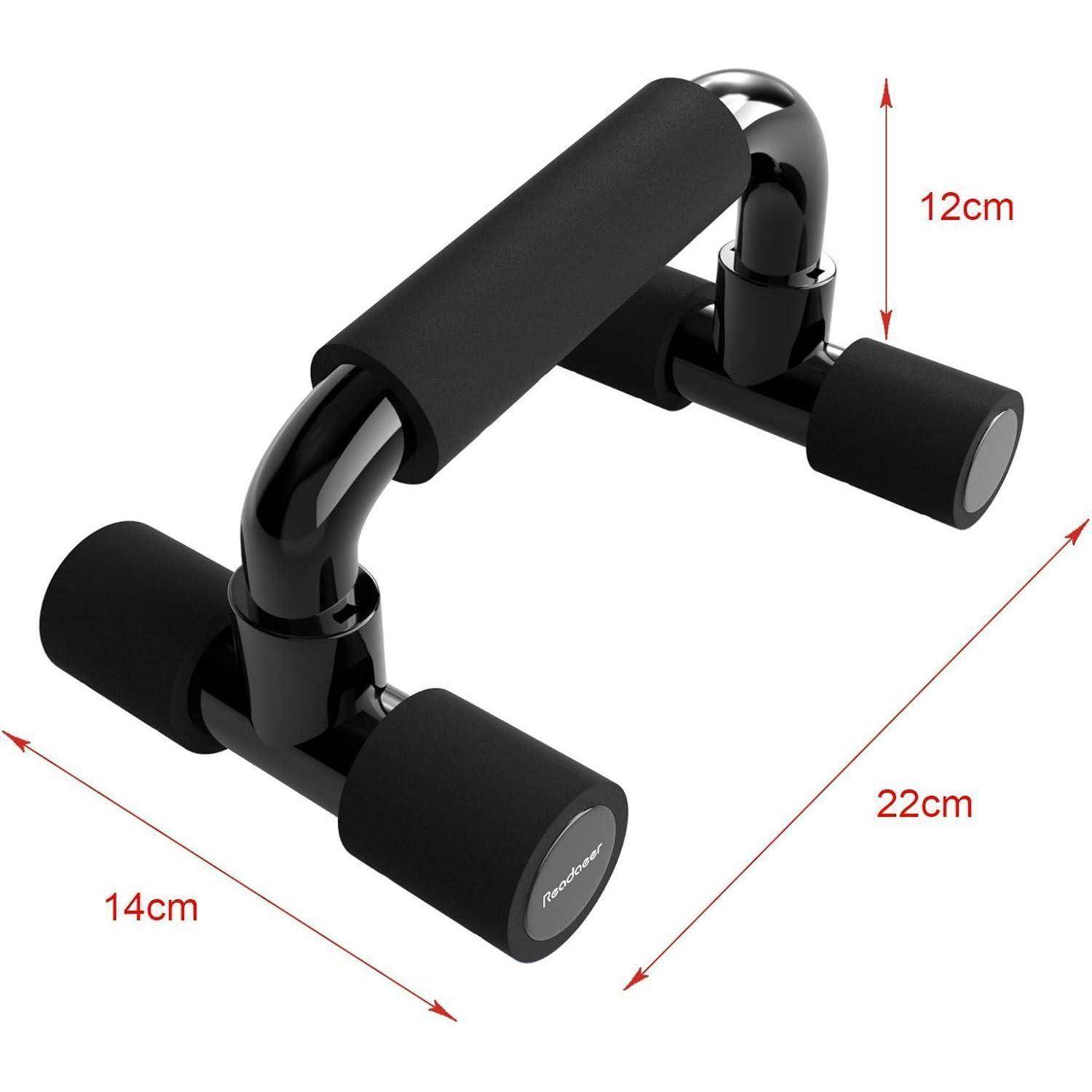 Schwarze schaumstoffbeschichtete Trainings-Liegestützstange mit rotierenden Griffen, gezeigt mit den Abmessungen 22 cm lang, 14 cm breit und 12 cm hoch.