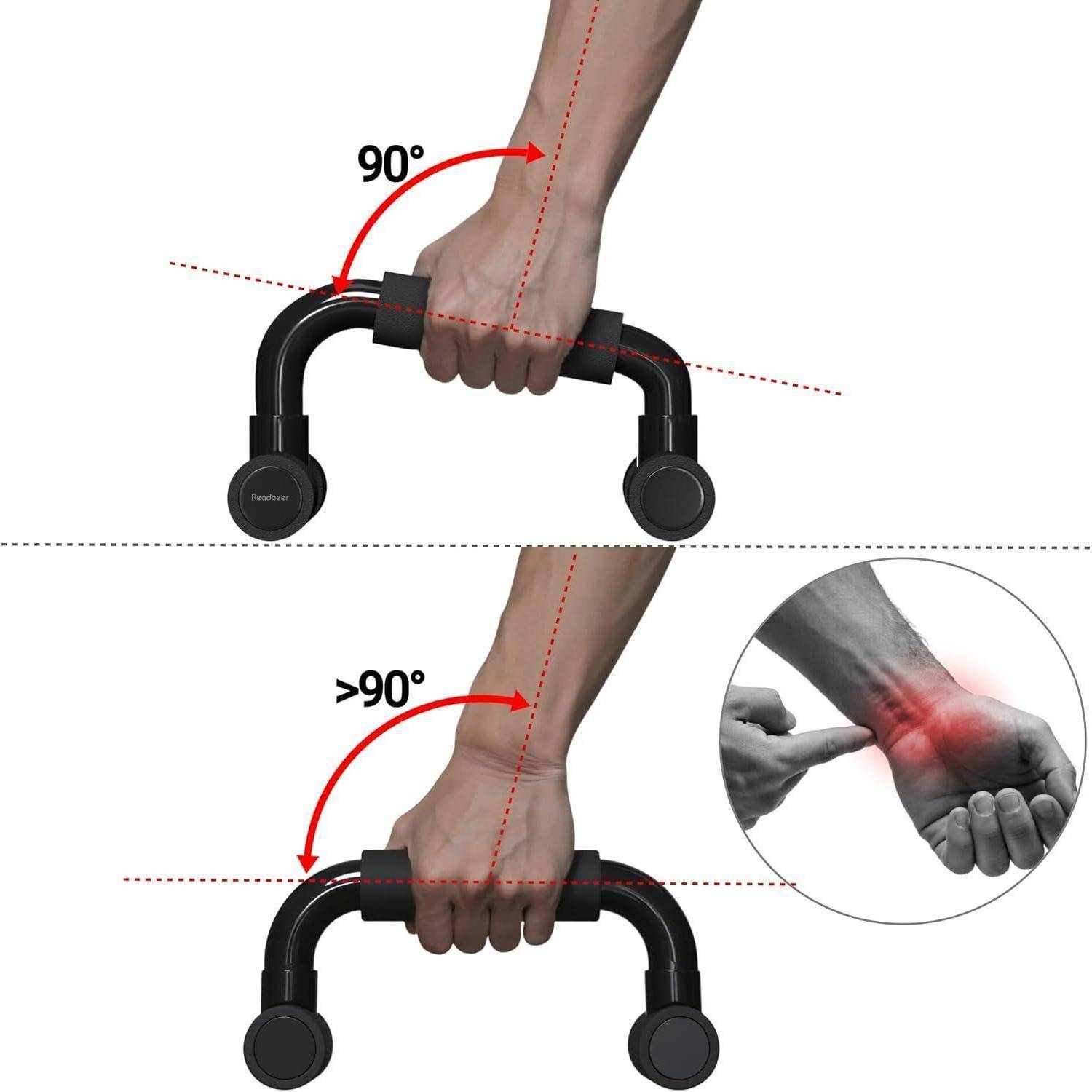 Illustration mit korrekter und inkorrekter Ausrichtung der Handgelenke beim Push-up-Griff: oben 90° neutrale Griffposition, unten überbeugtes Handgelenk über 90° verursacht Schmerzen.