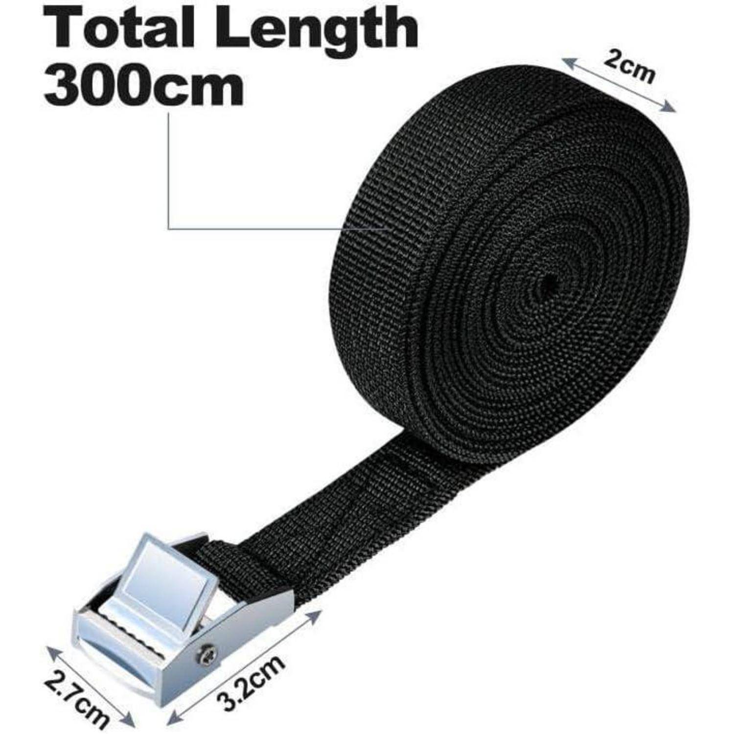 Schwarze 300cm Riemenrolle mit Metallschnallenverschluss, zeigt Abmessungen von 2cm Breite und 2,7cm x 3,2cm Schnallengröße.