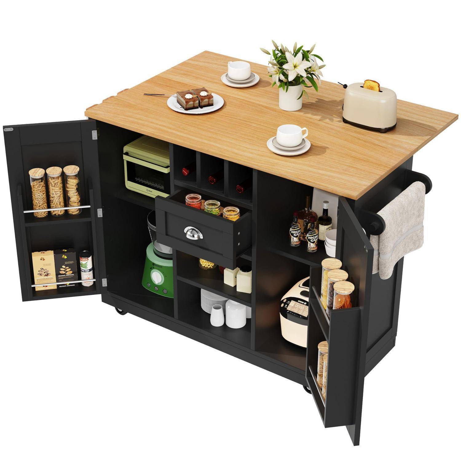 Ein Kücheninsel-Schrank mit einer Holzarbeitsplatte, offenen Türen und Regalen, in denen Snacks, Geschirr, Haushaltsgeräte und Gewürze gelagert werden.