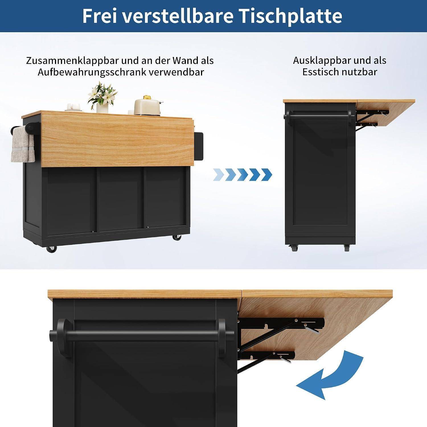 Illustration einer klappbaren, verstellbaren Tischplatte, die gleichzeitig als Wandspeicher und Esstisch dient; deutsche Beschriftungen zeigen geschlossene und offene Positionen.